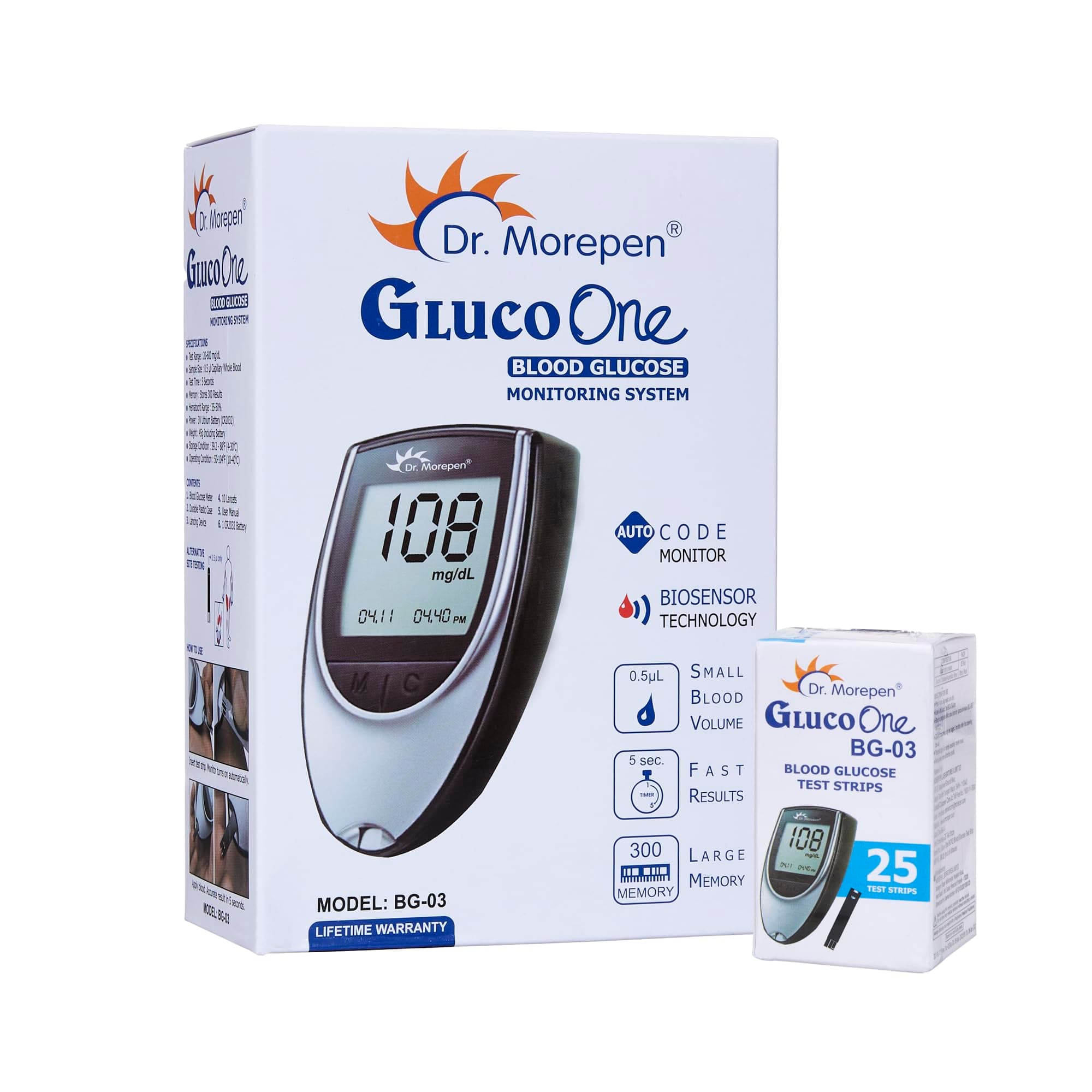 DR. MOREPEN GlucoOne Blood Glucose Monitor Model BG 03 with 25 Strips