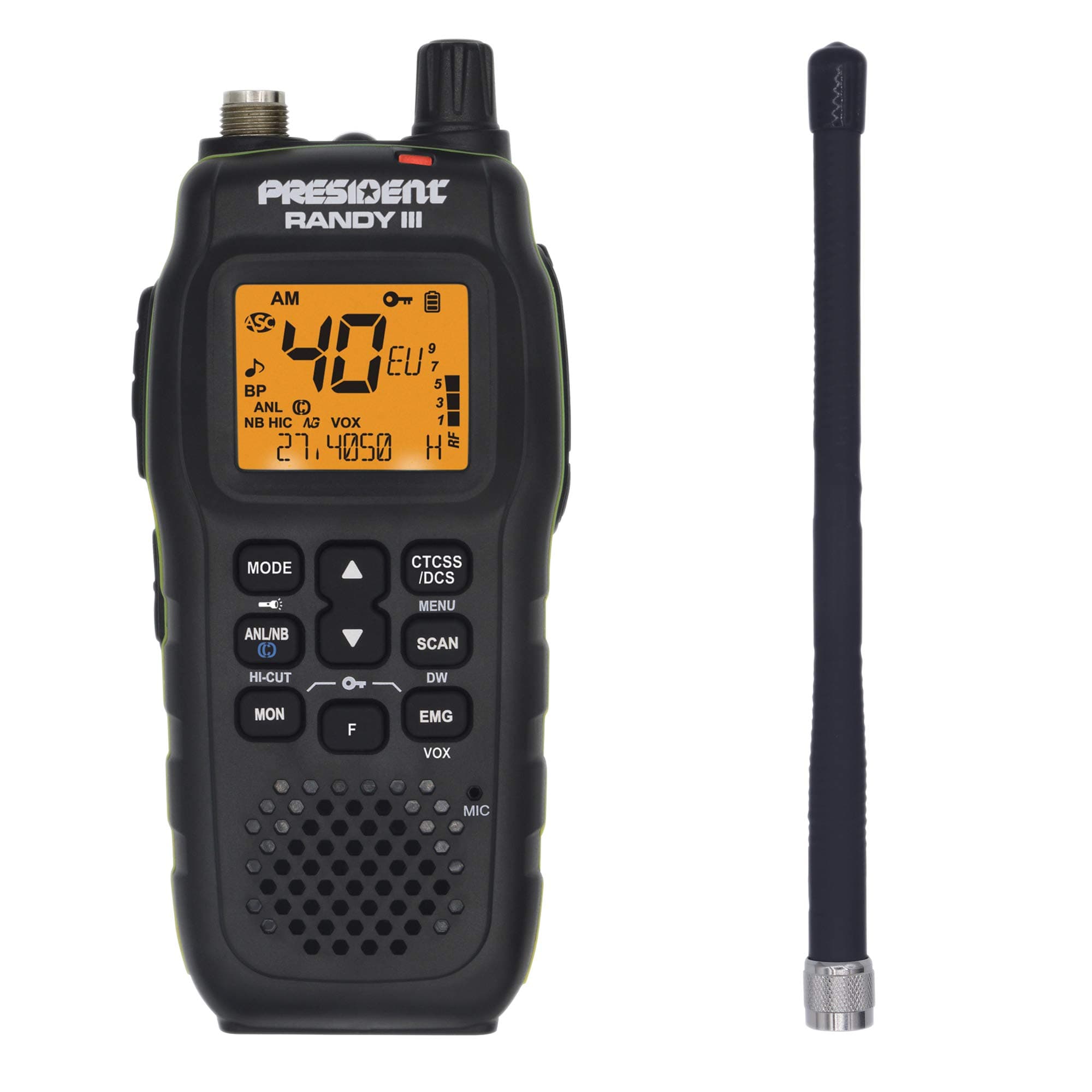 Portable CB radio President RANDY III AM/FM, Roger Beep, ASC, ANL, NB, HI-CUT, CTCSS/DCS, battery