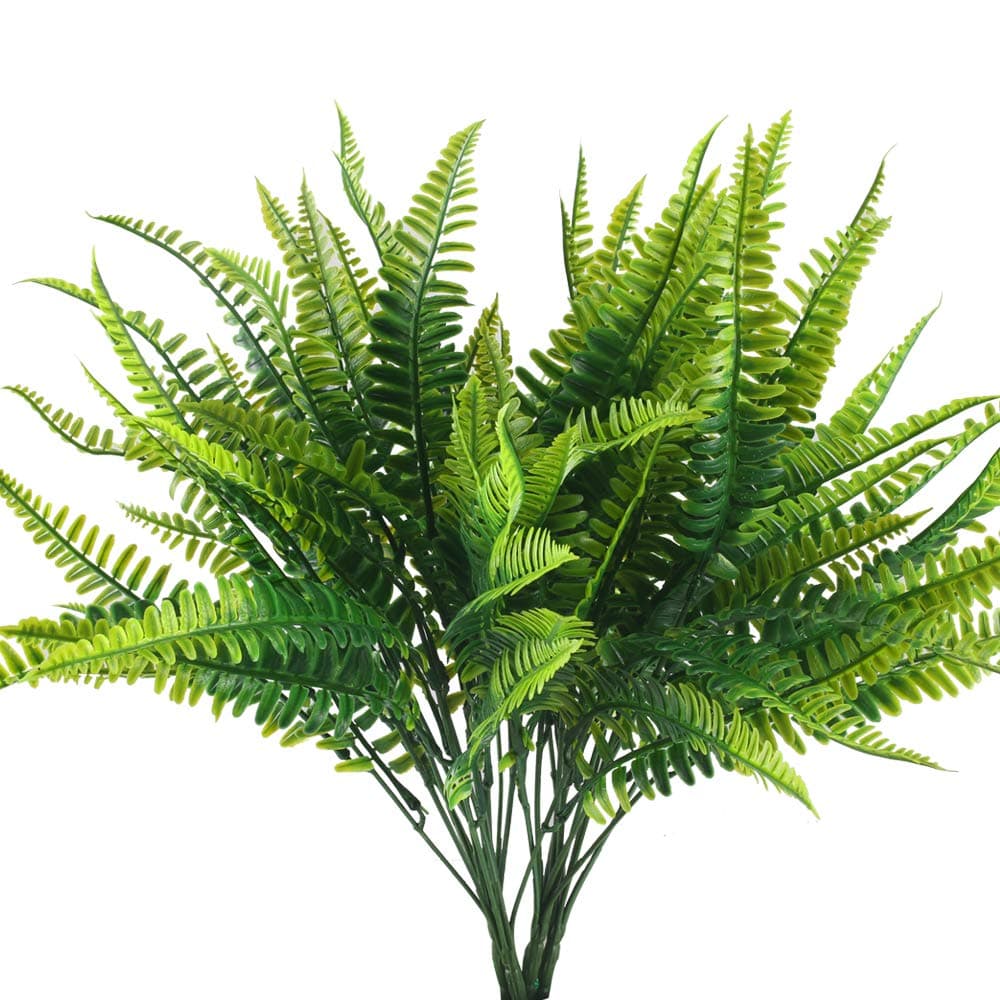 HUAESIN4Pcs Artificial Fern Outdoor Faux Fern Plants Fake Boston Ferns Grass Plastic Greenery Bushes Shrubs Bundles for Front Porch Window Boxes Planter Hanging Basket Garden Wedding Decor 40cm