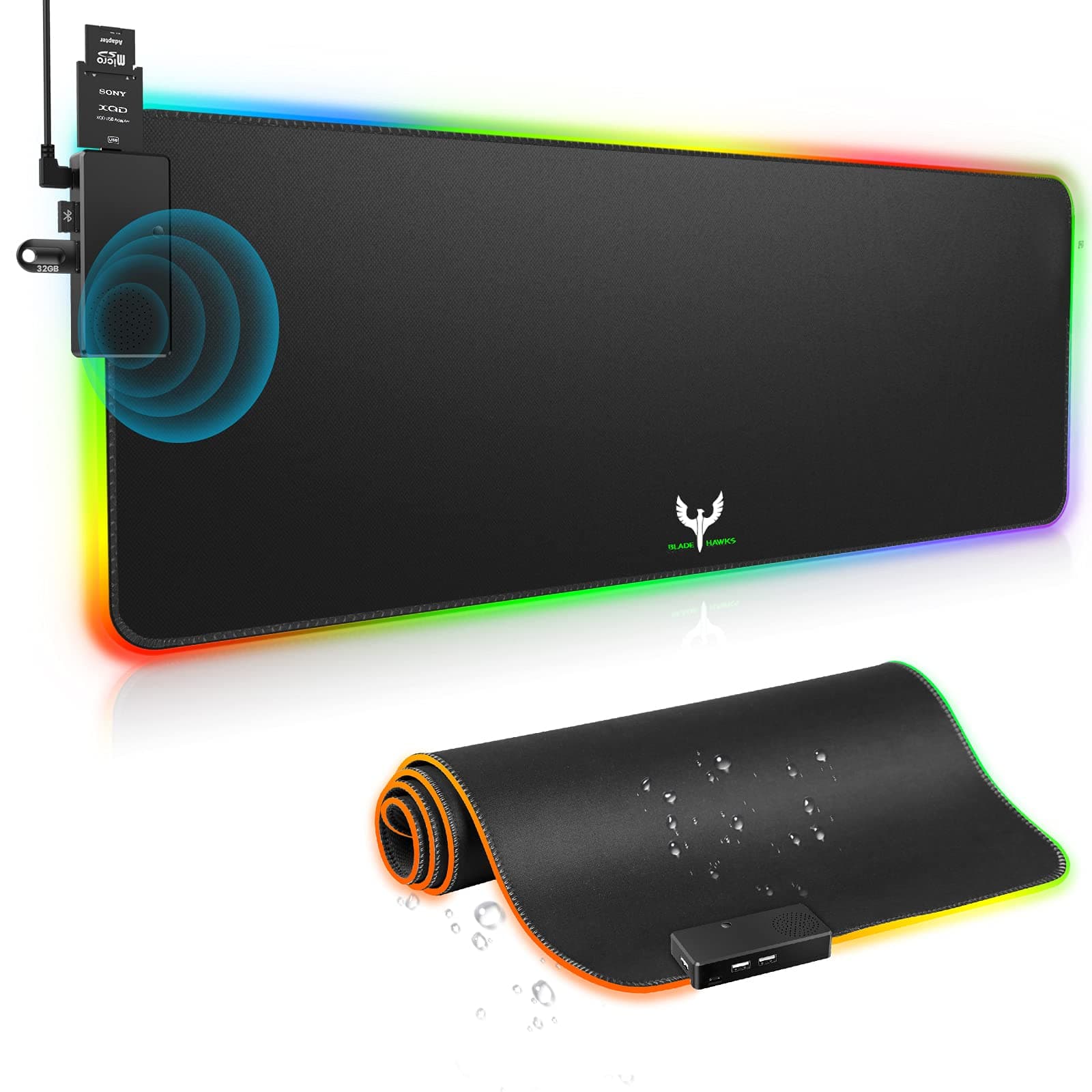 BladeHawks RGB Gaming Mouse Mat with Speaker, 15 Lighting Modes, Large LED Mouse Pad with 3 USB Ports, Non-Slip Rubber Base, Keyboard Mouse Mat for PC, Laptop, Desk (31x11.8x0.2 in)