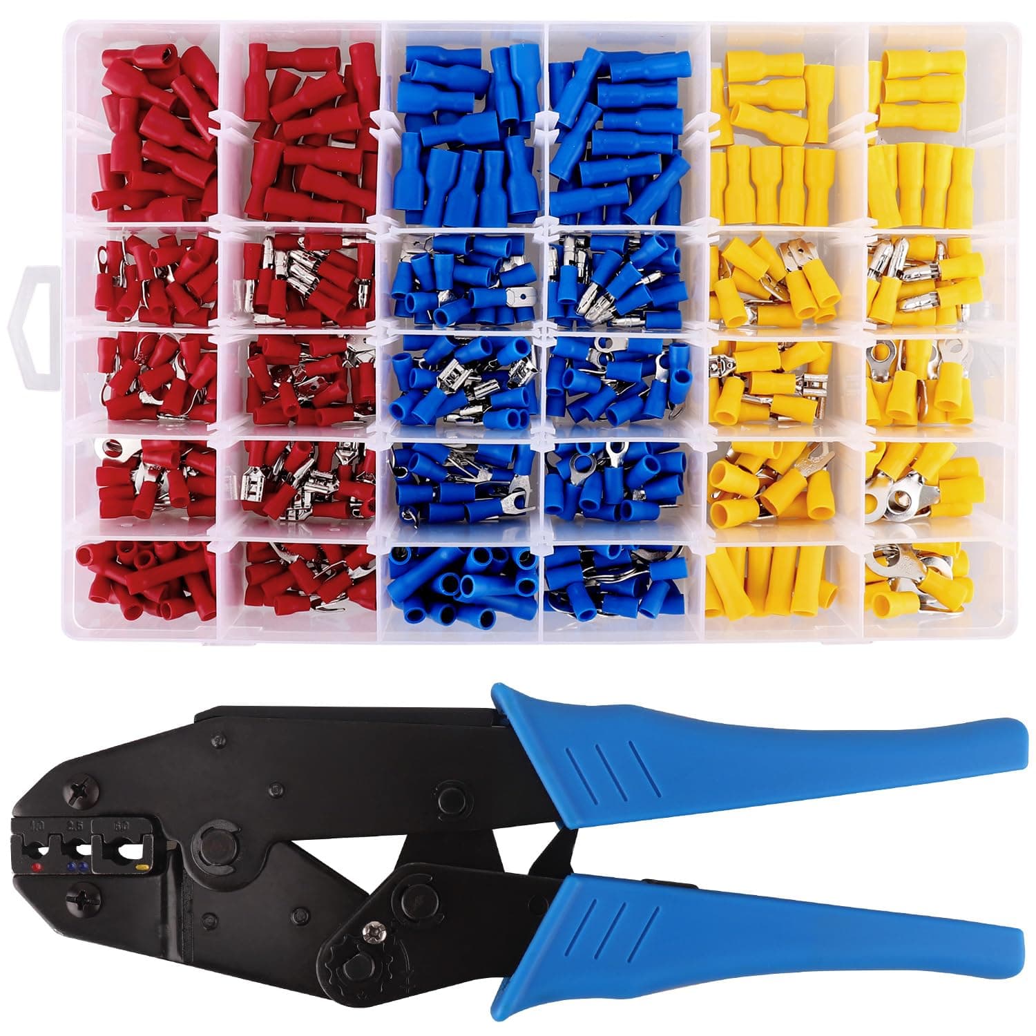 Pluworks Ratchet Crimping Tool with 500pcs Crimp Connectors, Insulated Electrical Connectors Include Ring Bullet Spade Fork and Butt Splice