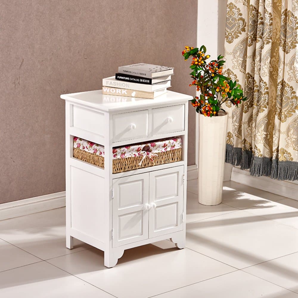 Tason Shabby Chic Rattan Chest Drawers, White Wooden Storage Cabinet Sideboard Cupboard Vintage Design Floral Decor (2 Drawers 1 Basket 2 Doors)