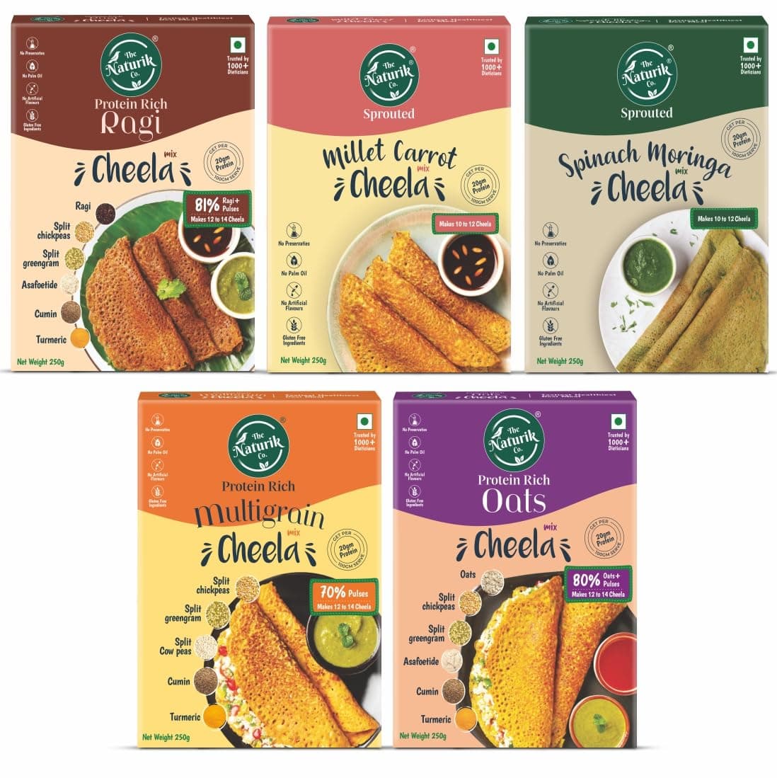 The Naturik Co Chilla Mix Combo 250g (Pack of 5), Ready to Cook Millet Chilla/Dosa mix| Healthy & Instant Breakfast | Anytime Snack for Kids and Family | As Seen On Shark Tank