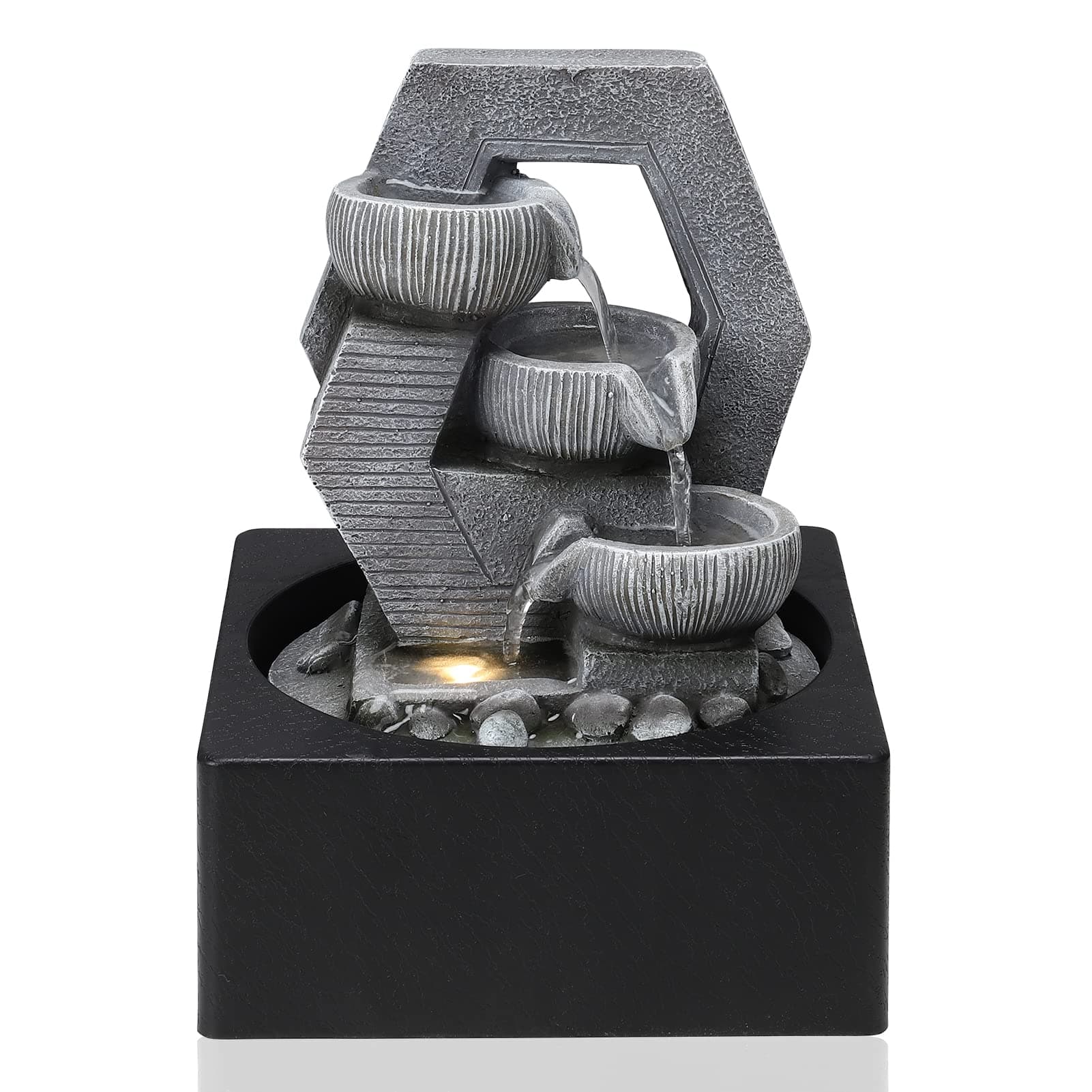 BTGGG Indoor Fountain with LED Light Indoor Water Features 18 * 18 * 24CM Desktop Waterfall Fountain for Meditation Relaxation, 3 Pin UK Plug Included