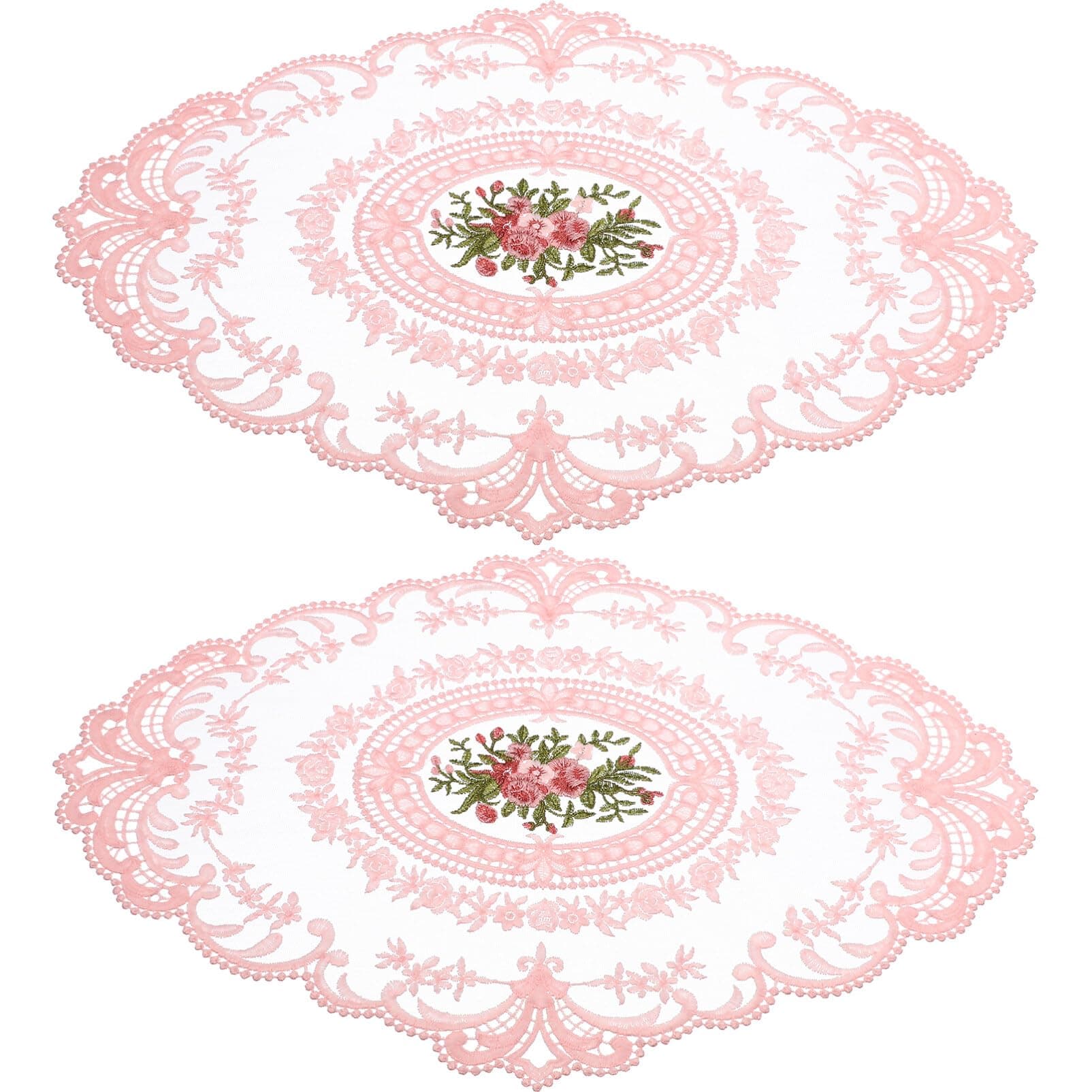2pcs Lace Doilies Milk Silk Embroidered Table Placemats Table Mats Placemats Table Topper for Wedding Birthday Dinner Party Decor 16 x 11'' Pink