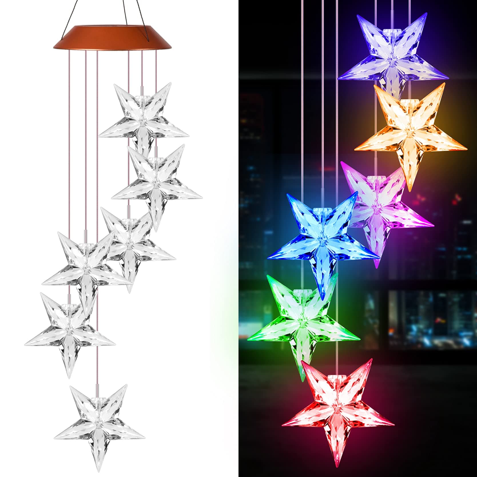 Solar Stars Wind Chimes Outdoor Hanging Decor Waterproof Mobile Portable Color Changing Solar Power LED Star Wind Chime Light for Mom, Home, Patio, Yard, Window, Night Garden Decoration