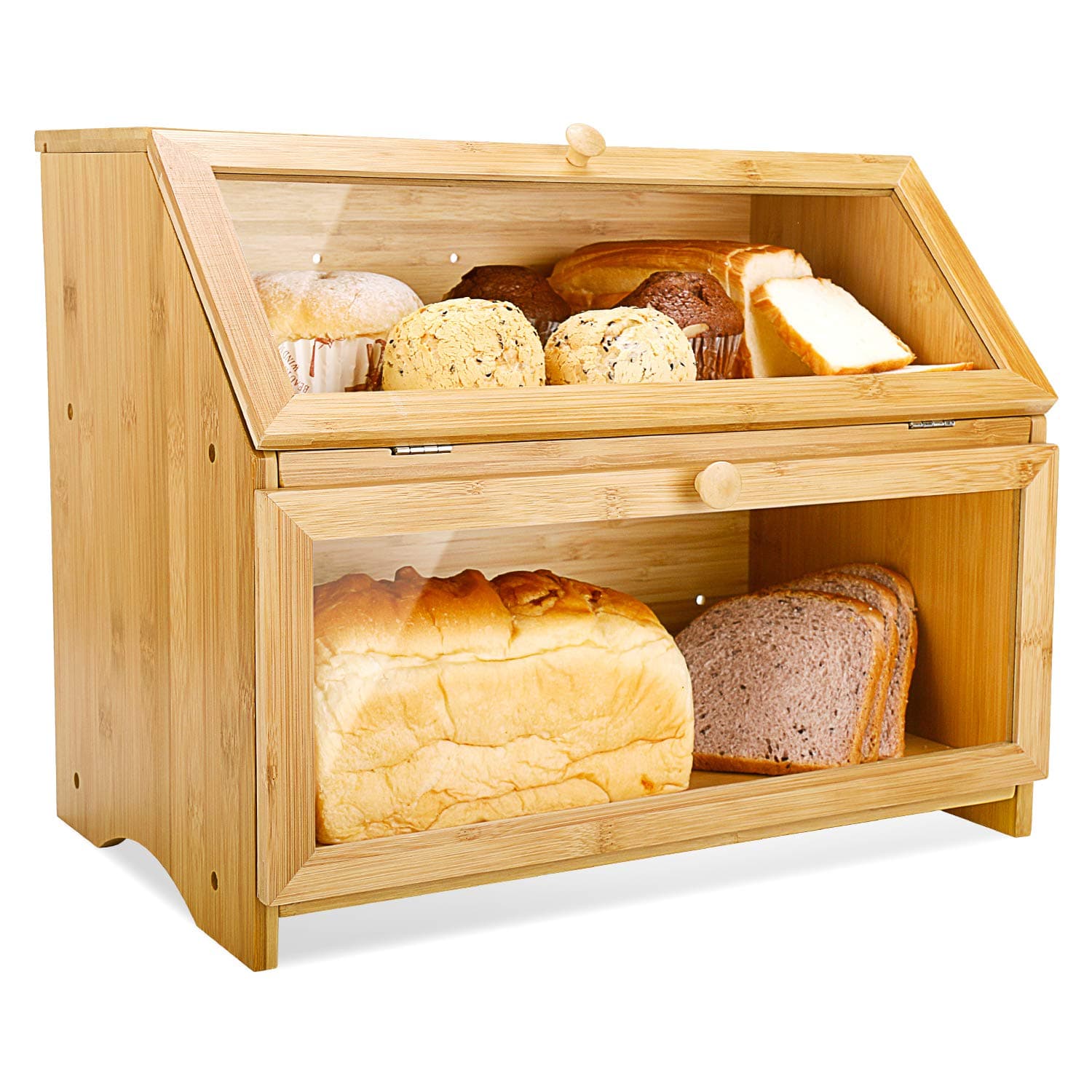 HOMEKOKO Double Layer Large Bread Box for Kitchen Counter Wooden Large Capacity Bread Storage Bin