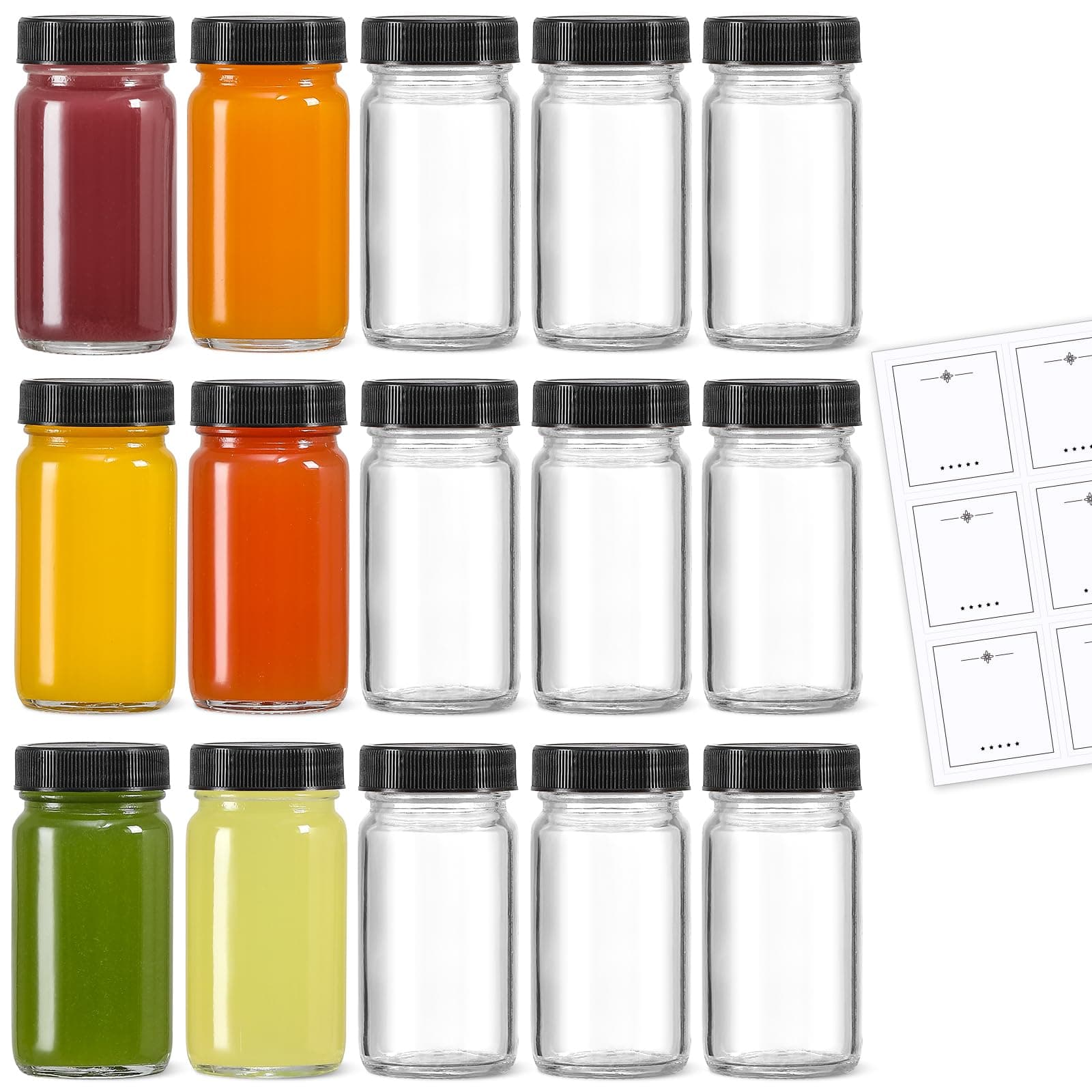 LANDNEOO 15 Pack 2 oz Glass Shot Mini Bottles w/Black Lids & 15 Labels - Small Clear Jar for Ginger, Wellness Shot, Juice, Sample, Whiskey - Travel Essentials - Wide Mouth, Leakproof, Dishwasher Safe
