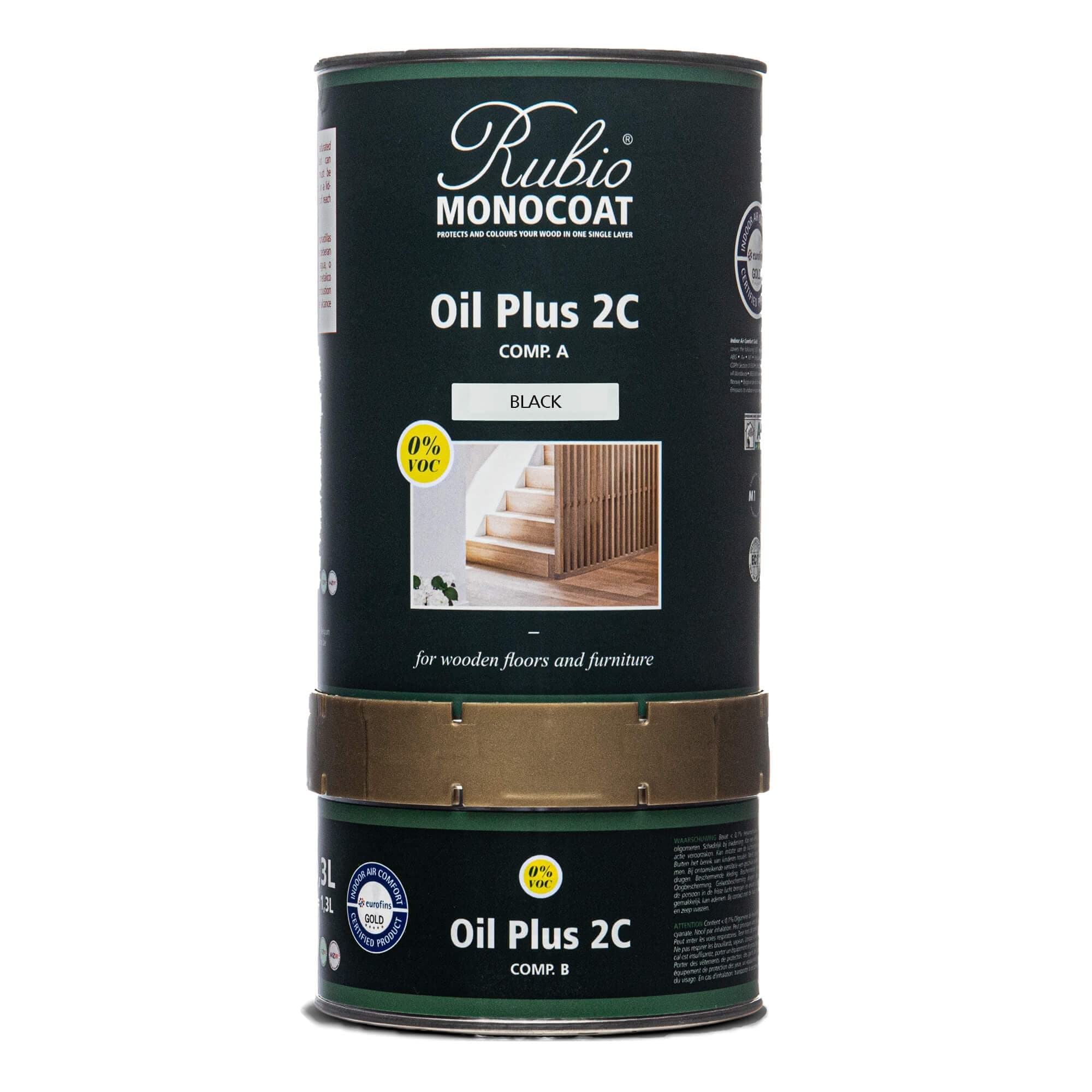 Rubio Monocoat Wood Oil Finish 52 m² - Black | Oil Plus 2C | Quick-Dry, Eco-Friendly Linseed Wood Oil for Indoor Use, Includes Accelerator (Part B) | Protector | 1,3L
