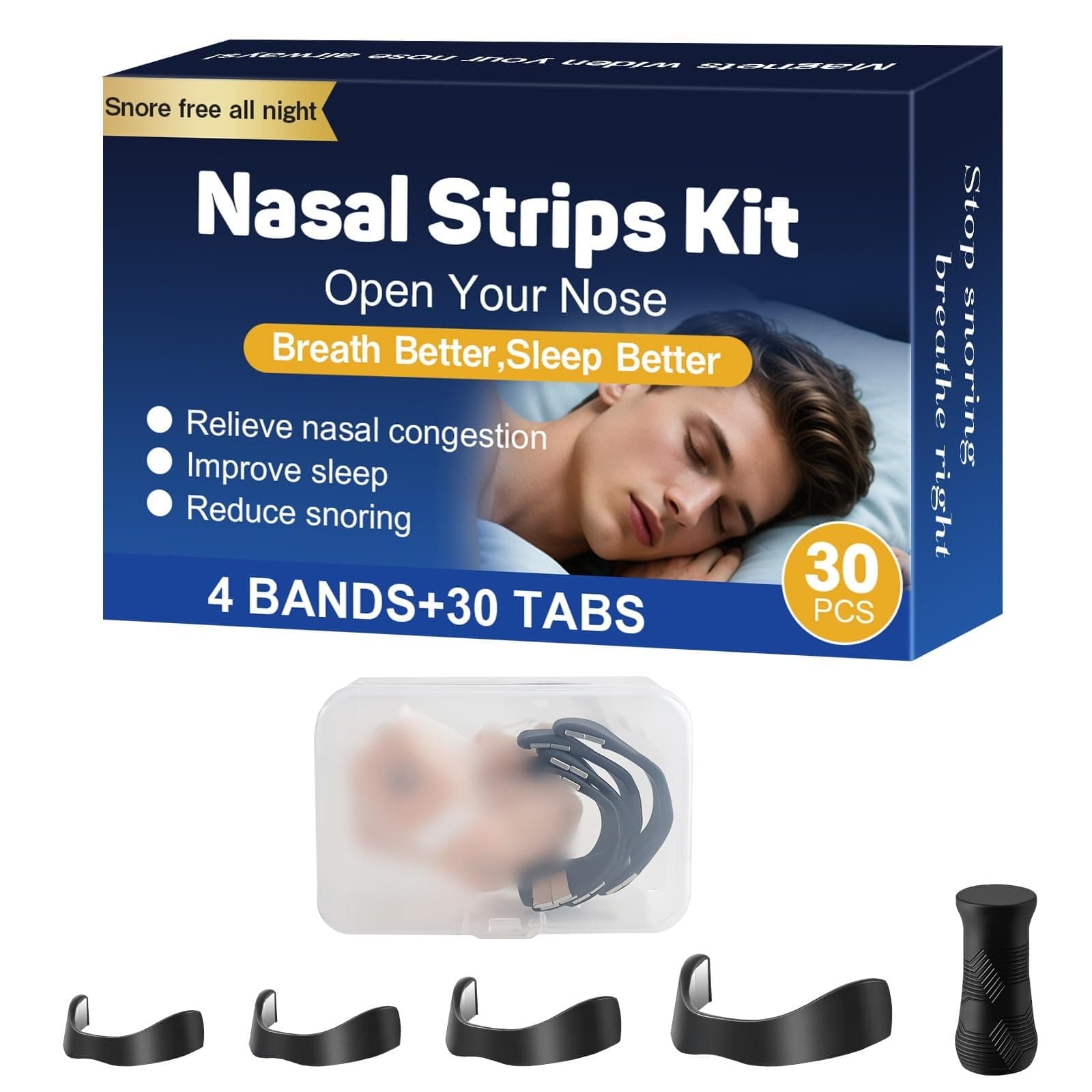 Magnetic Nose Strips with Storage Case, 30 Pack, Anti Snoring Devices for Better Breathing, Improve Sleep Quality Sweat Resistant, Skin Friendly Snore Stopper for Men & Women (Black)