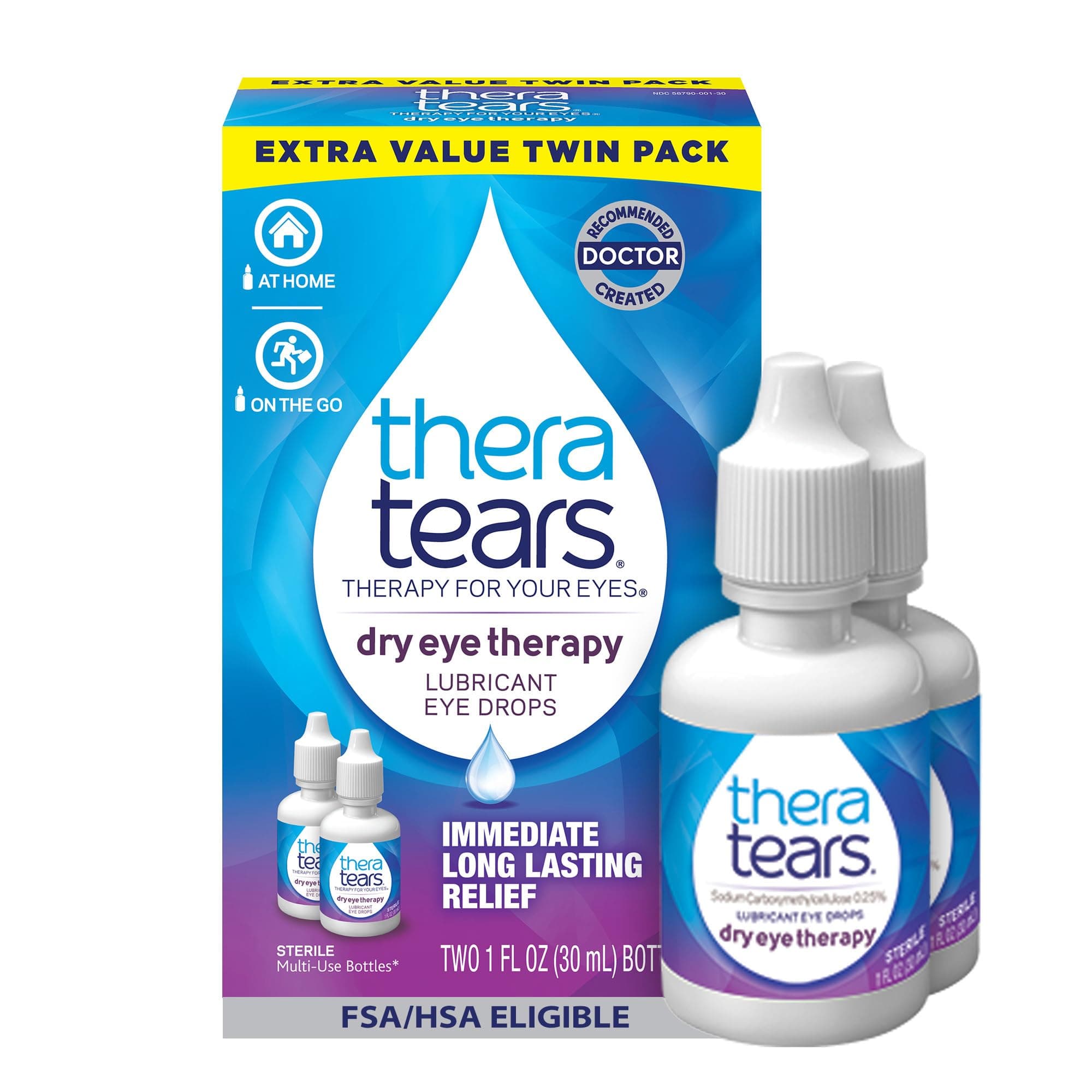 Thera Tears Dry Eye Therapy Lubricating Eye Drops for Dry Eyes, 1 fl oz bottle Twin Pack, (2 x 30mL Bottles)
