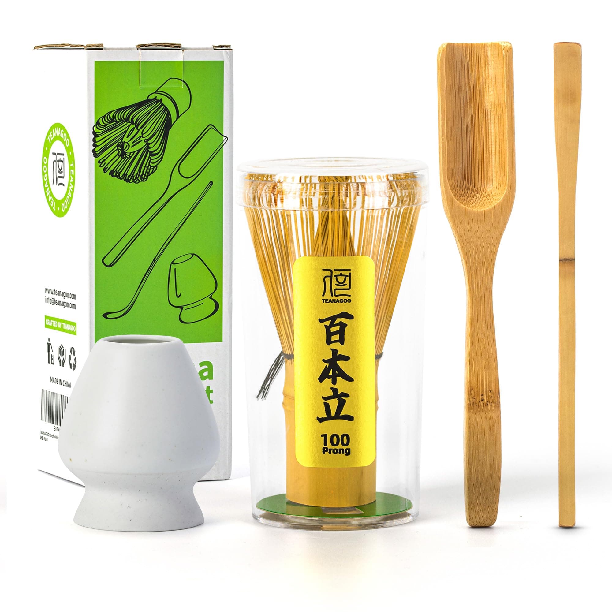 TEANAGOO Matcha Set, Matcha Whisk (Chasen), 4 Pcs Matcha Kit,Traditional Scoop (Chashaku), Tea Spoon, Matte White Whisk Holder,I3, Handmade Matcha Making Kit for Tea Drinking