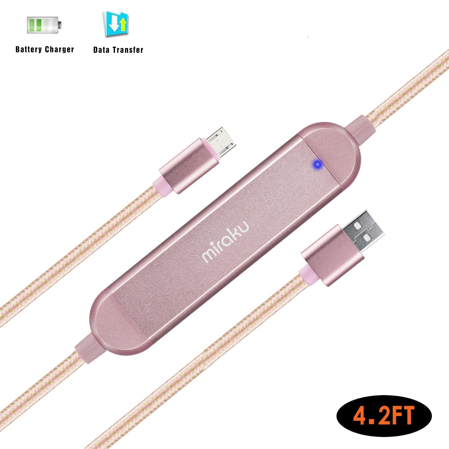 Micro USB Data Charger Cable - miraku M9 4.2Ft Braided Power Cable Integrate Extra 1500mAh Portable Battery Power Bank for Samsung, LG, HTC, Sony, Android Phones and More (Rose Glod)