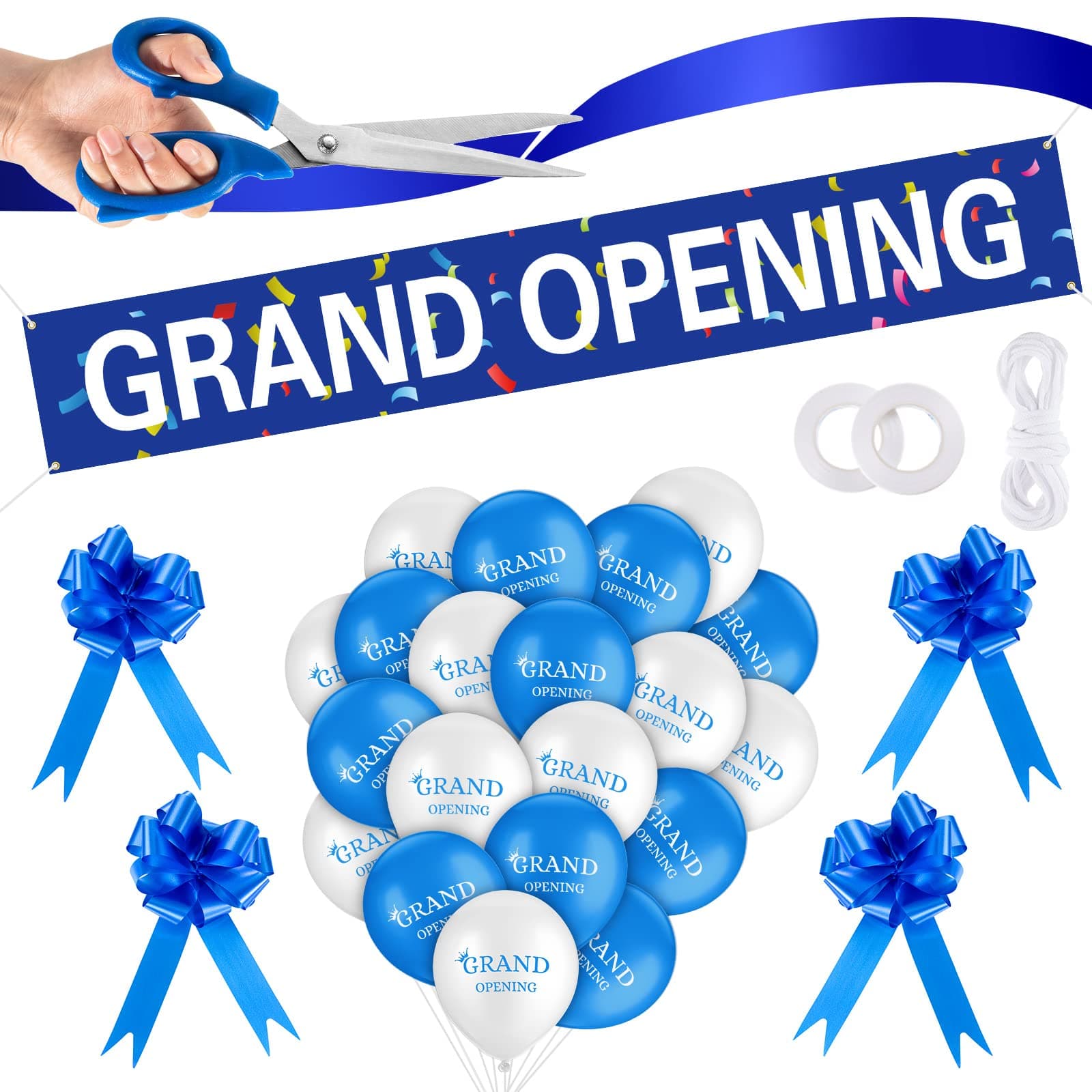 Mixweer Grand Opening Ribbon Cutting Ceremony Kit Grand Opening Banner Grand Opening Decorations with 10'' Scissors 40 Pcs Balloons Satin Ribbon Bows and More Supplies for Business Events (Blue)