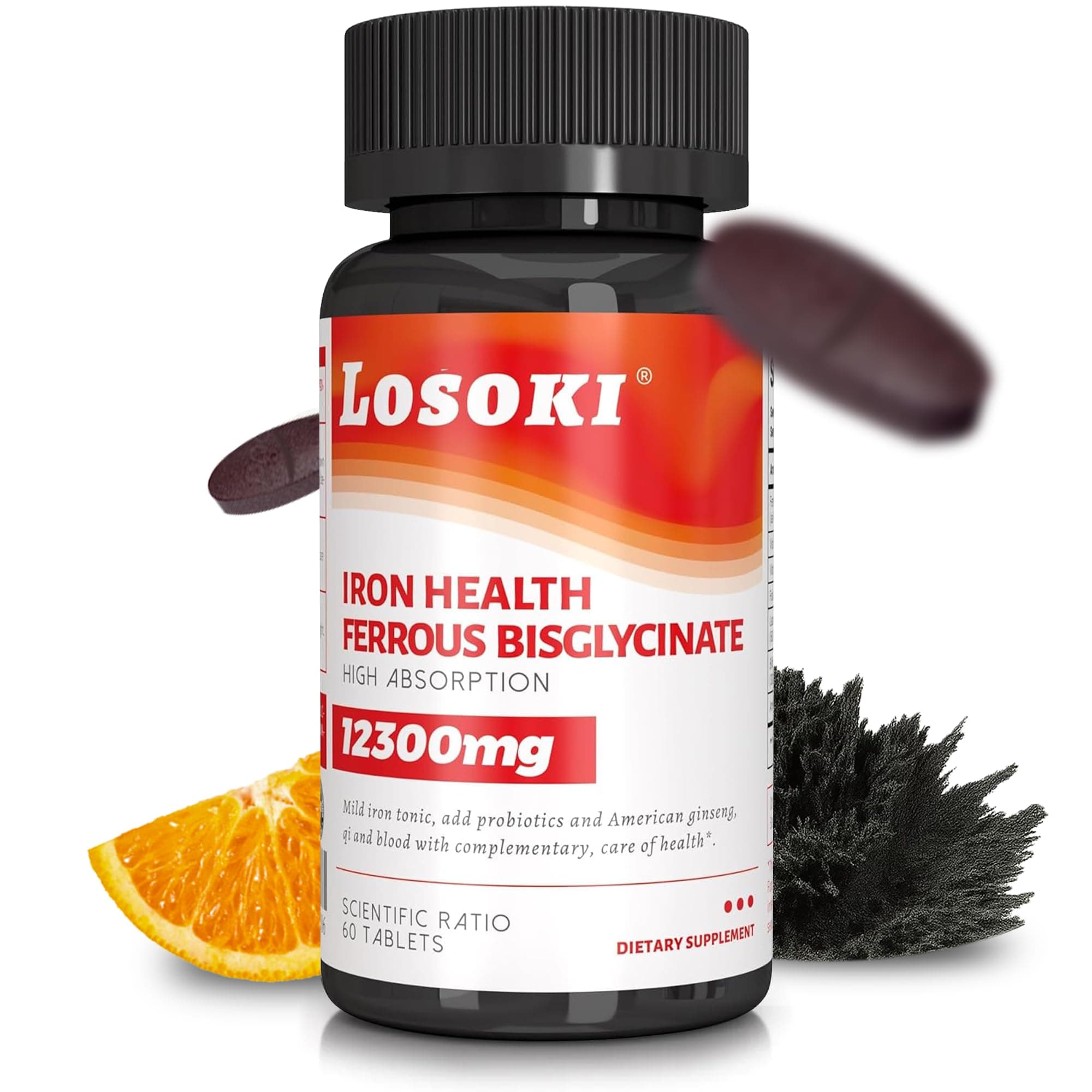 Losoki Iron Bisglycinate 20 mg with Vitamin C, B12 American Ginseng & Probiotics, Gentle on The Stomach, Supports Energy & Iron Deficiency - Non GMO, 60 Tablets