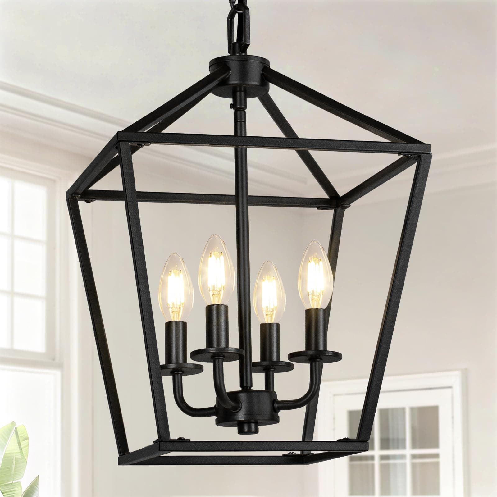 4 Light Pendant Lighting, Industrial Ceiling Light Black Lantern Chandelier with Farmhouse Metal Cage Adjustable Height Rustic Geometric Hanging Light E12 Base for Kitchen Island, Bedroom or Entryway
