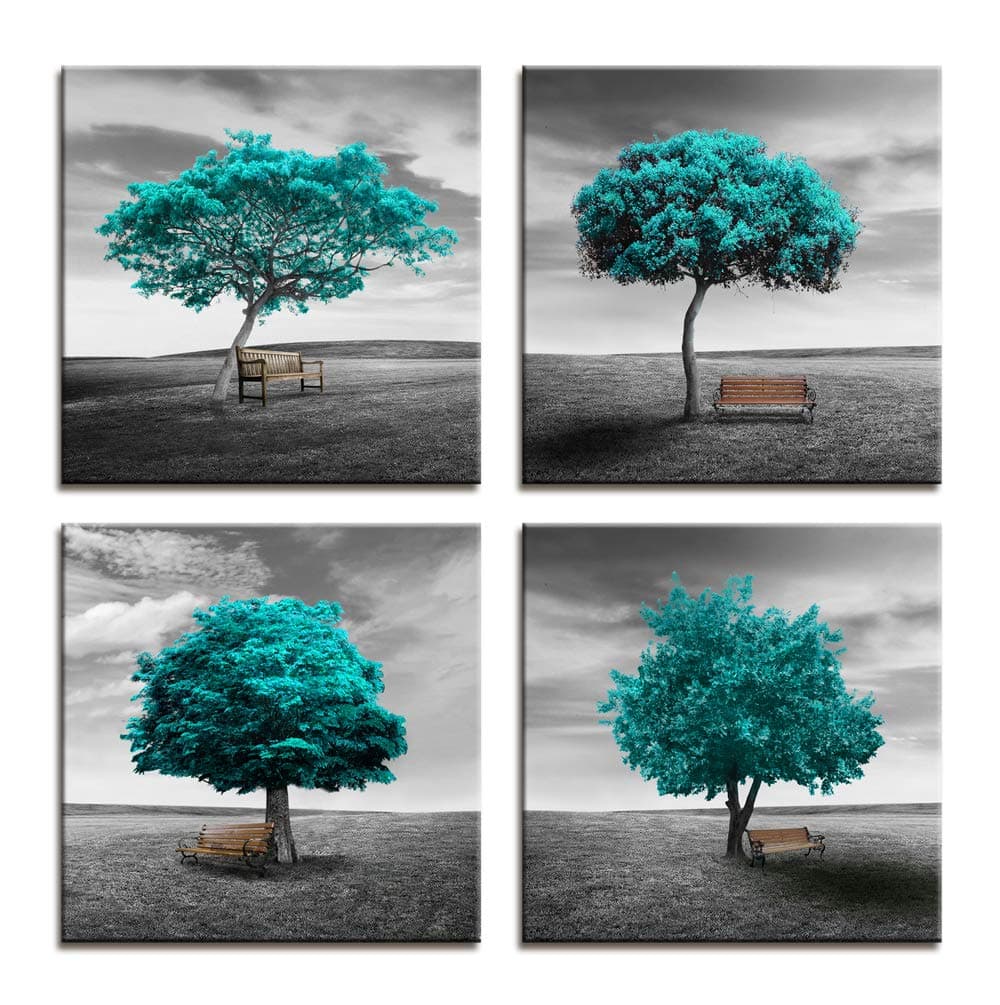 Wall Art Canvas Print Original design Pattern Aquamarine Blue Color Trees Modern Landscape Framed Wall Decor - 4 Panels Black And White style Blue Theme For Living Room Bedroom Office Decorations Gift