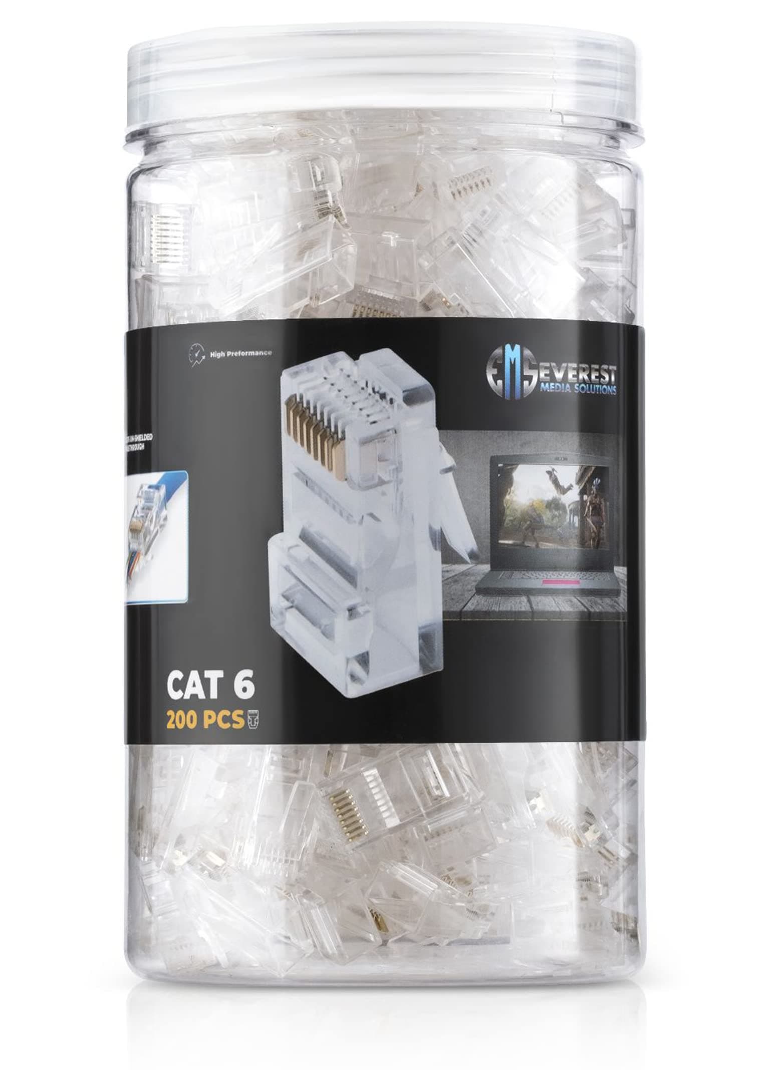 Everest Cat6 RJ45 Pass Through Connector 200-Pack - EZ Cat 6 Pass Through RJ45 Connectors - cat 6 connectors - Ethernet Connector - Ethernet Plug - for Solid or Stranded UTP Network Cable