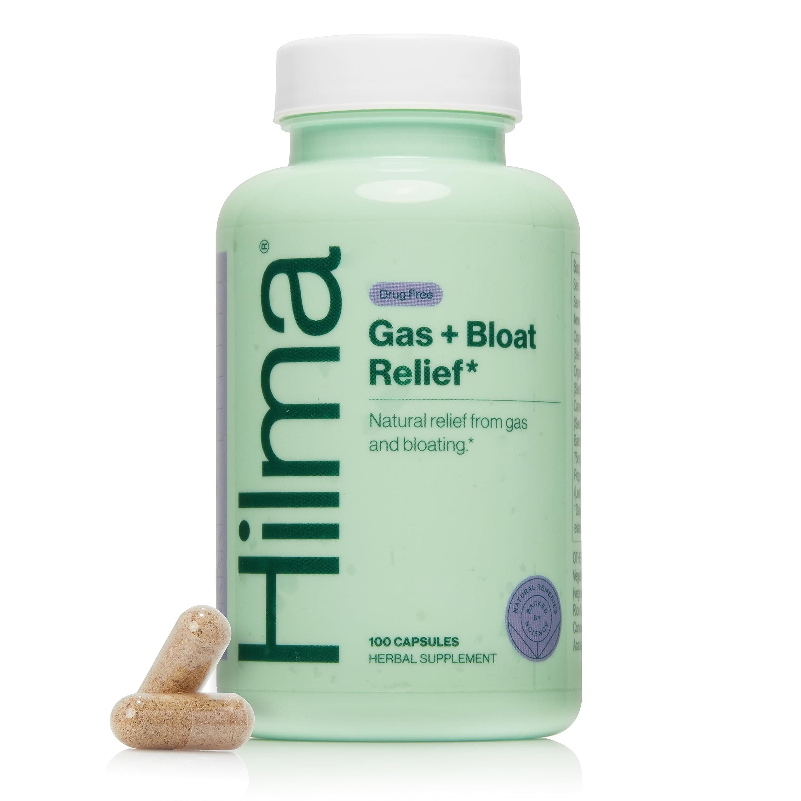 Hilma Natural Gas & Bloating Relief - with Lemon Balm, Fennel & Peppermint Leaf - Doctor Formulated with Organic Ingredients - 100 Vegan Capsules
