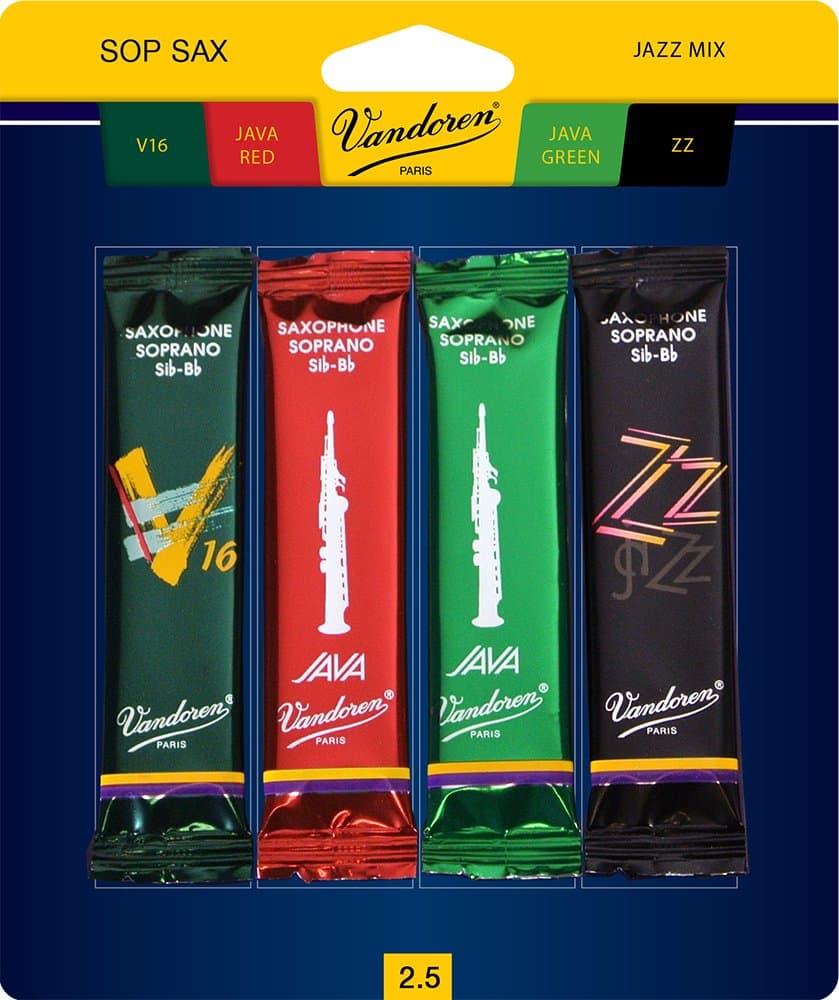 SRMIXS25 Soprano Sax Jazz Reed Mix Card includes 1 each ZZ, V16, JAVA Green and JAVA Red Strength 2.5