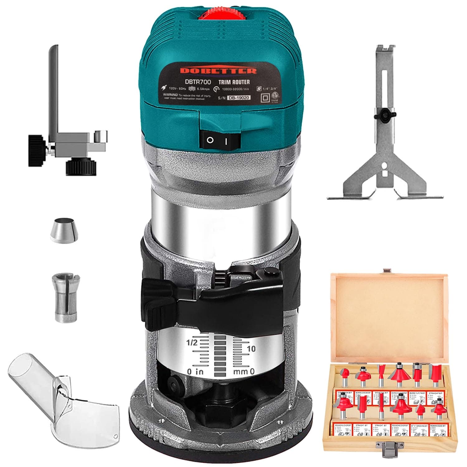 Router Tool, 6.5 Amp 1.25 HP Wood Routers For Woodworking, 6 Variable Speed Fixed Base Palm Router with 12PCS Bits, 1/4" & 3/8" Collet (Router)