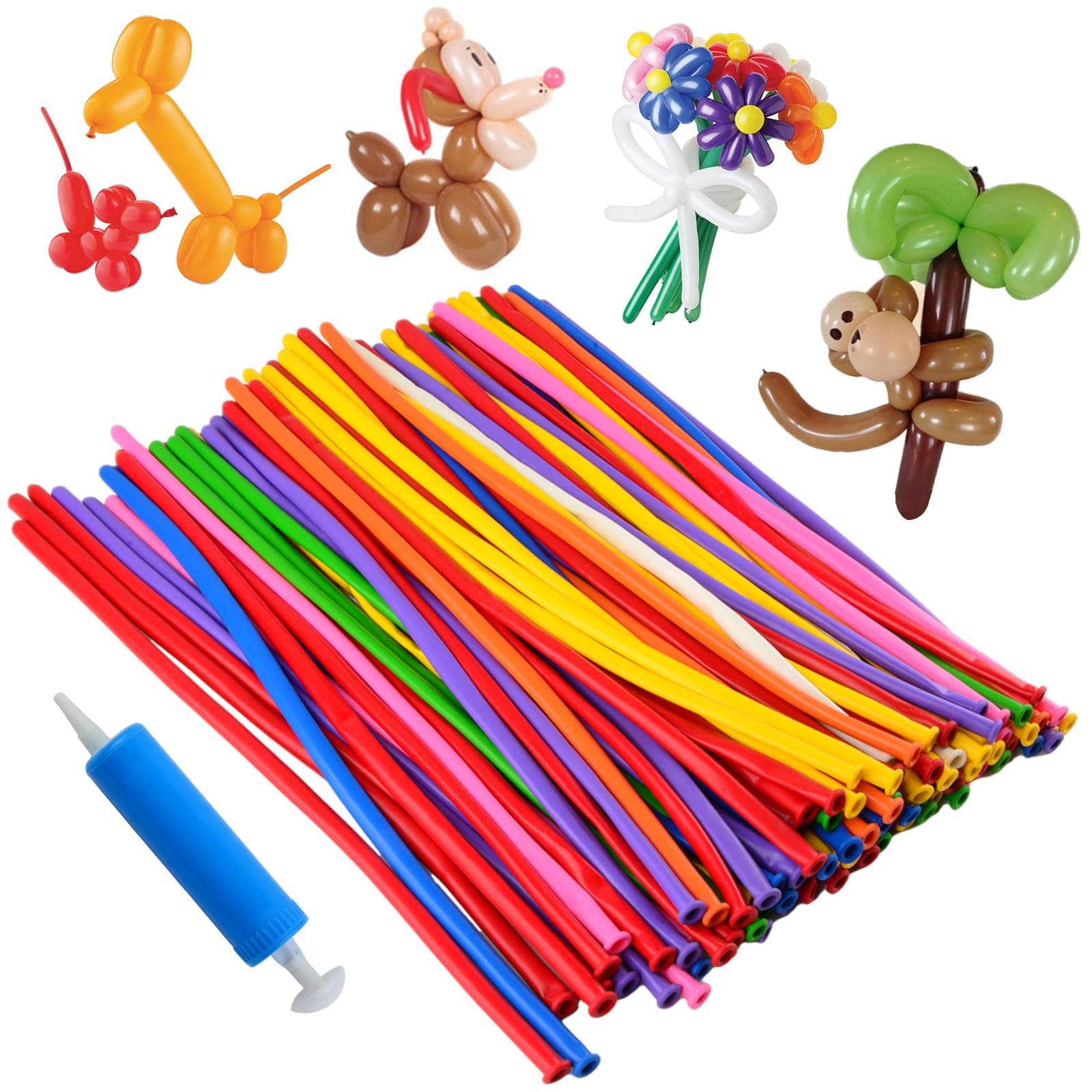 Latex Twisting Balloons, 260Q Animal Magic Long Balloons Assorted Color with Pump for Animal Shape Party, Clowns, Wedding Decoration Party Supplies (100 Pack)