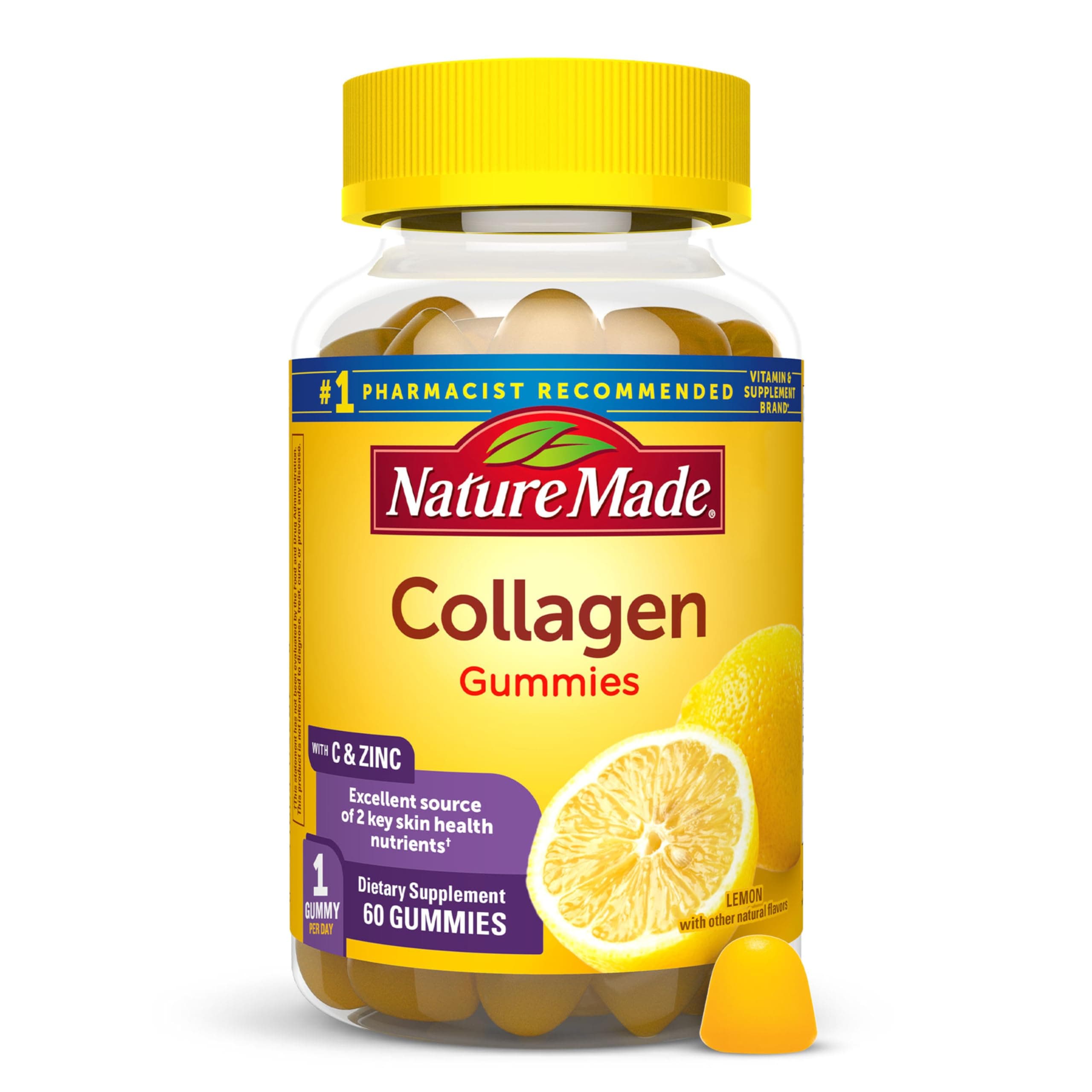 Collagen Gummies, 100mg Hydrolyzed Collagen, Helps Support Healthy Skin, Gluten Free, Lemon, 60 Count