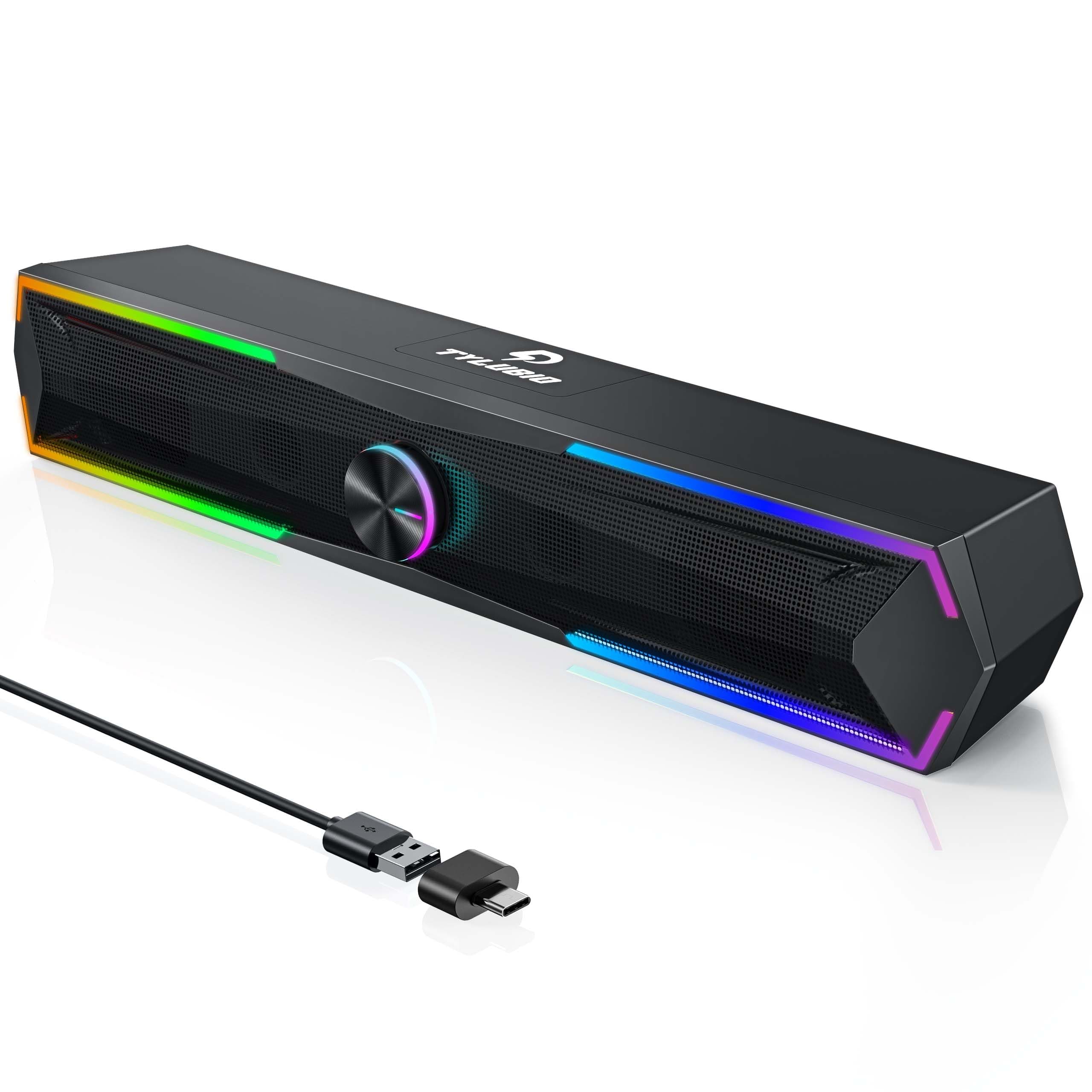 Pc Speakers Computer Sound Bar with Stereo Sound, Flowing LED & Push-Button Control Computer Speaker for Desktop Laptop Monitor, USB Input - (Smoke Black)