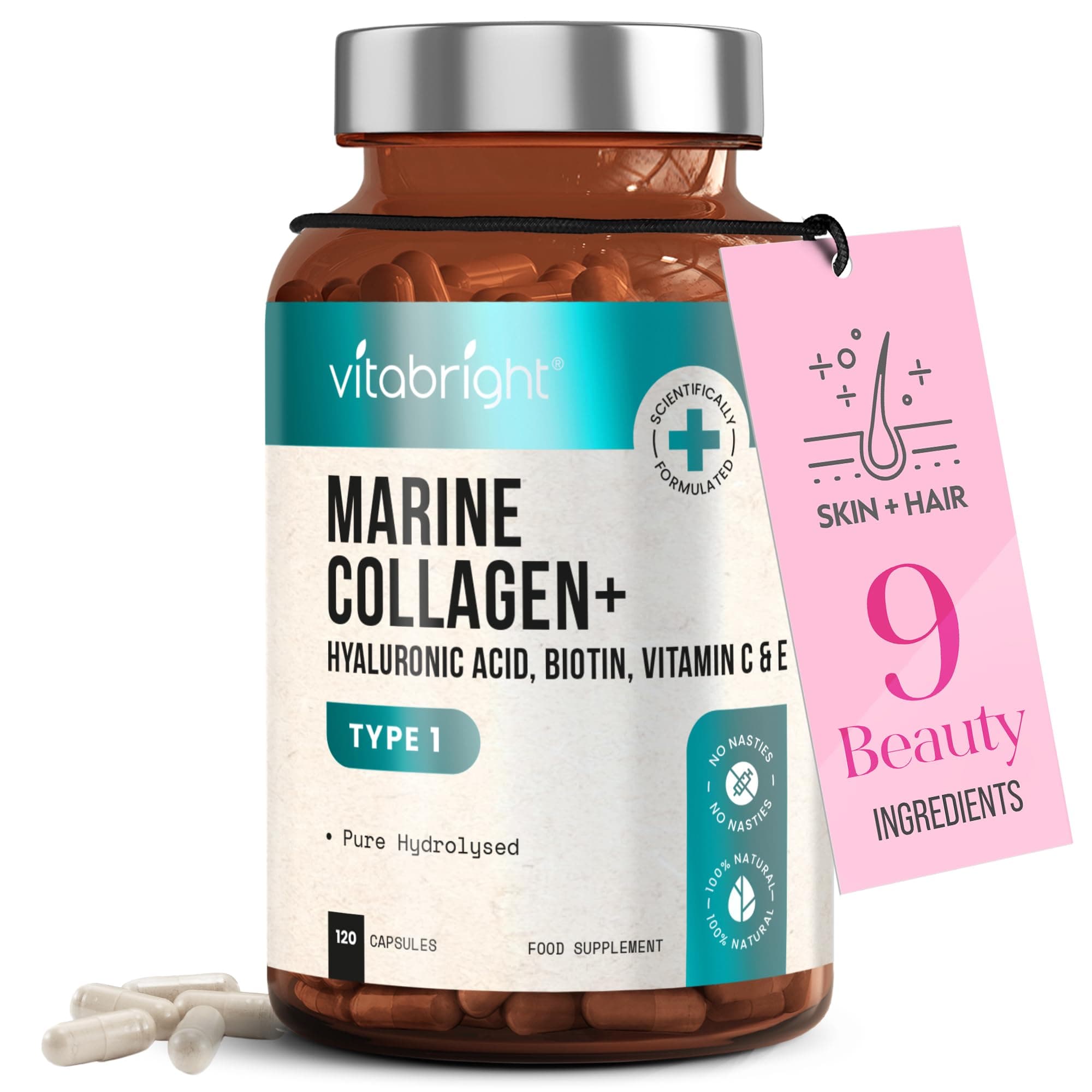 Marine Collagen Supplements for Women 2331mg Complex | 120 Hydrolyzed Marine Collagen Capsules with Hyaluronic Acid | Skin Supplements for Women | Vitabright