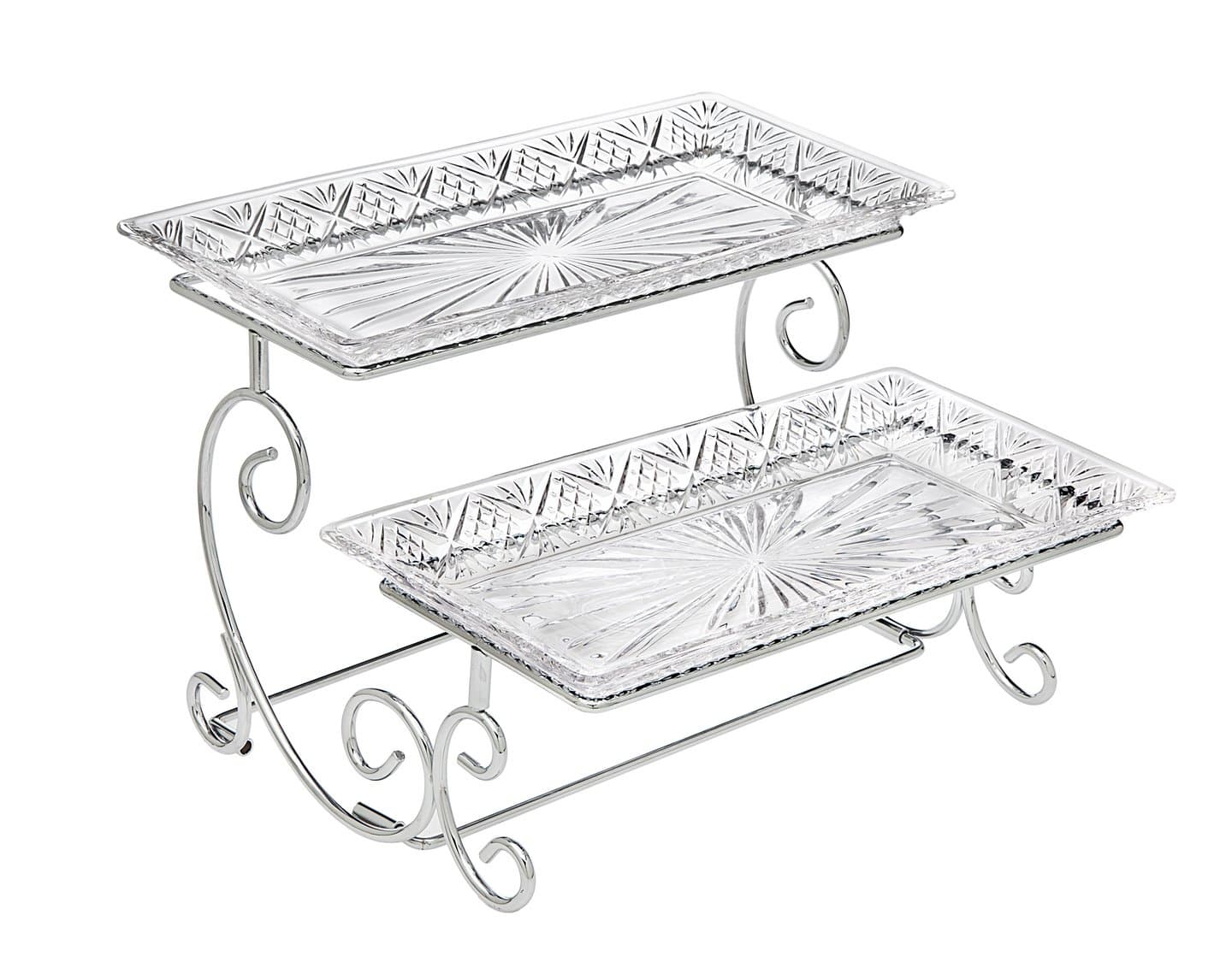 GodingerSilver Art Dublin 2 Tiered Glass Buffet Serving Tray - Chrome Plated Platter Stand with Starburst Design - Party and Event Dessert and Food Display Server