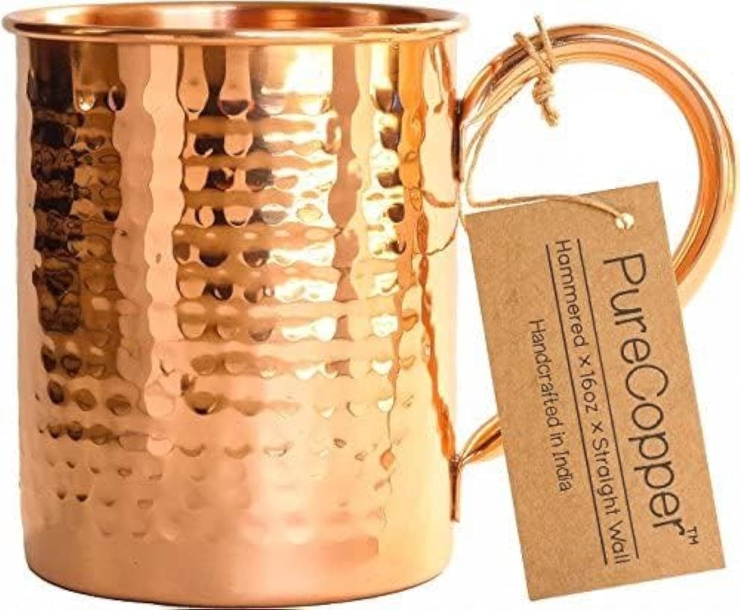 Mug Handcrafted of Pure THICK Copper - Timeless Hammered Finish - RAW Copper Interior - Authentic and Strong Riveted Handle - Holds 12 ounces