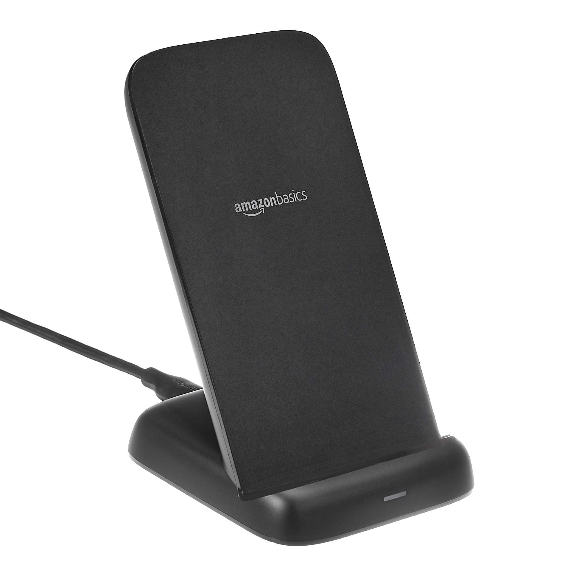 - Amazon Basics 10W Qi Certified Wireless Charging Stand for Phone 16/15/14/13/12/11/X, Samsung, and More, with USB Cable, Black (No AC Adapter)