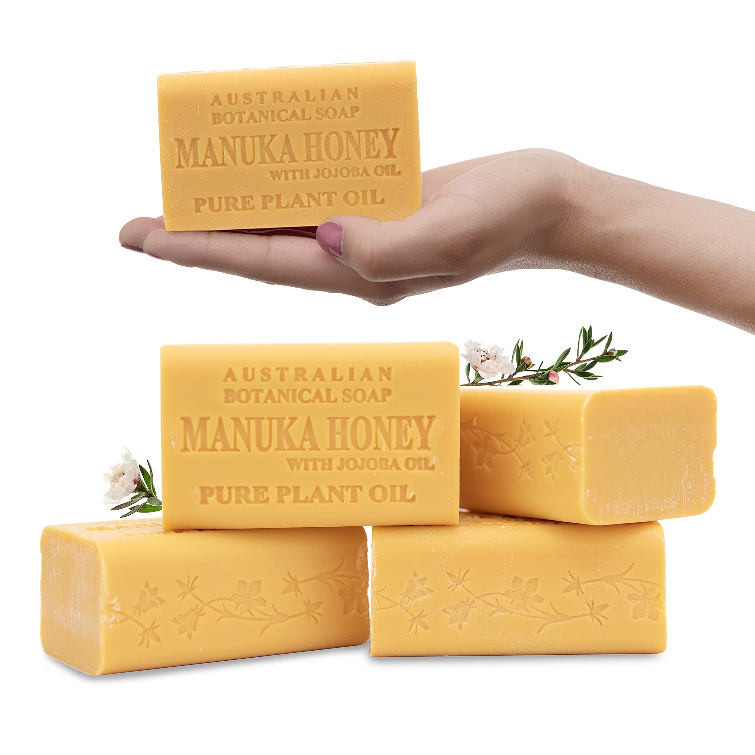 Australian Botanical Soap Manuka Honey with Jojoba Oil – Triple Milled 6.6 oz Bar Soap with Shea Butter, Face Hand & Body Soap Bars, Pack of 4