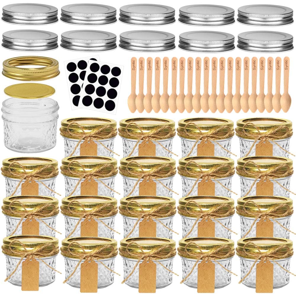 Syntic 20 Pcs 4 oz Glass Wide Mouth Mason Jars, Small Glass Jars with Gold Lids and Bands, Perfect for Storage, Extra 10 Silver Lid, Chalkboard label, Tag String, 20 Disposable Wooden Spoons Included