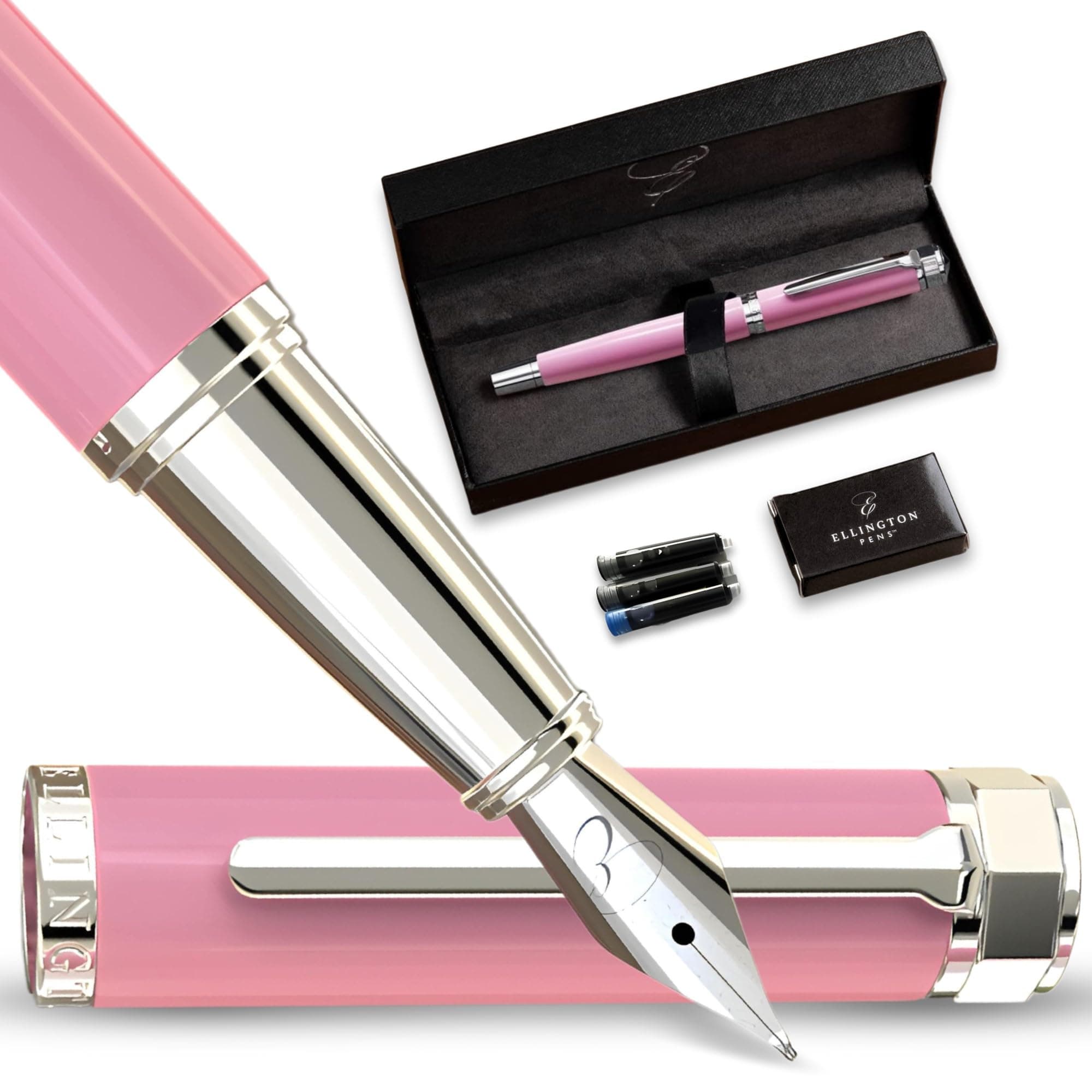 Ellington Pens Luxury Fountain Pen Set - Smooth Medium Nib - Includes 3 Ink Cartridges, Refillable Ink Converter, Gift Box - Fountain Pens For Writing, Calligraphy, Journaling, Sketching (Rosy Flair)