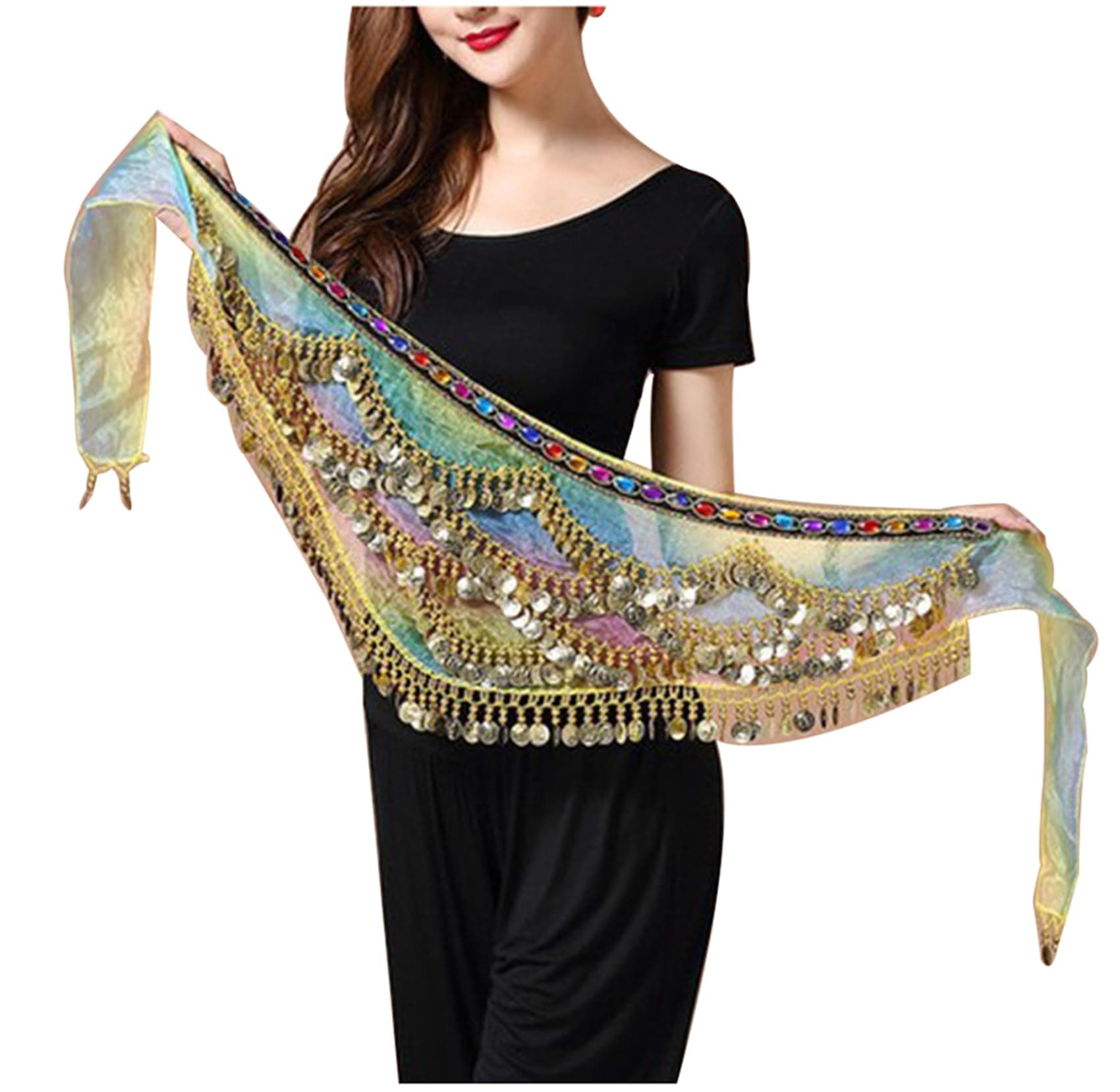 Belly Dance Hip Scarf Belly Dance Waist Chain Belt with 300 Coins Multicolor