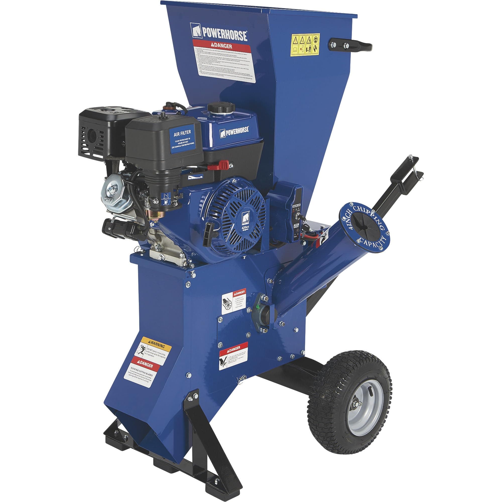 420cc Gas Chipper/Shredder - 4in. Chipping Capacity, Blue, Gasoline, Cast Iron, Chipper/Shredder, Lawn + Garden