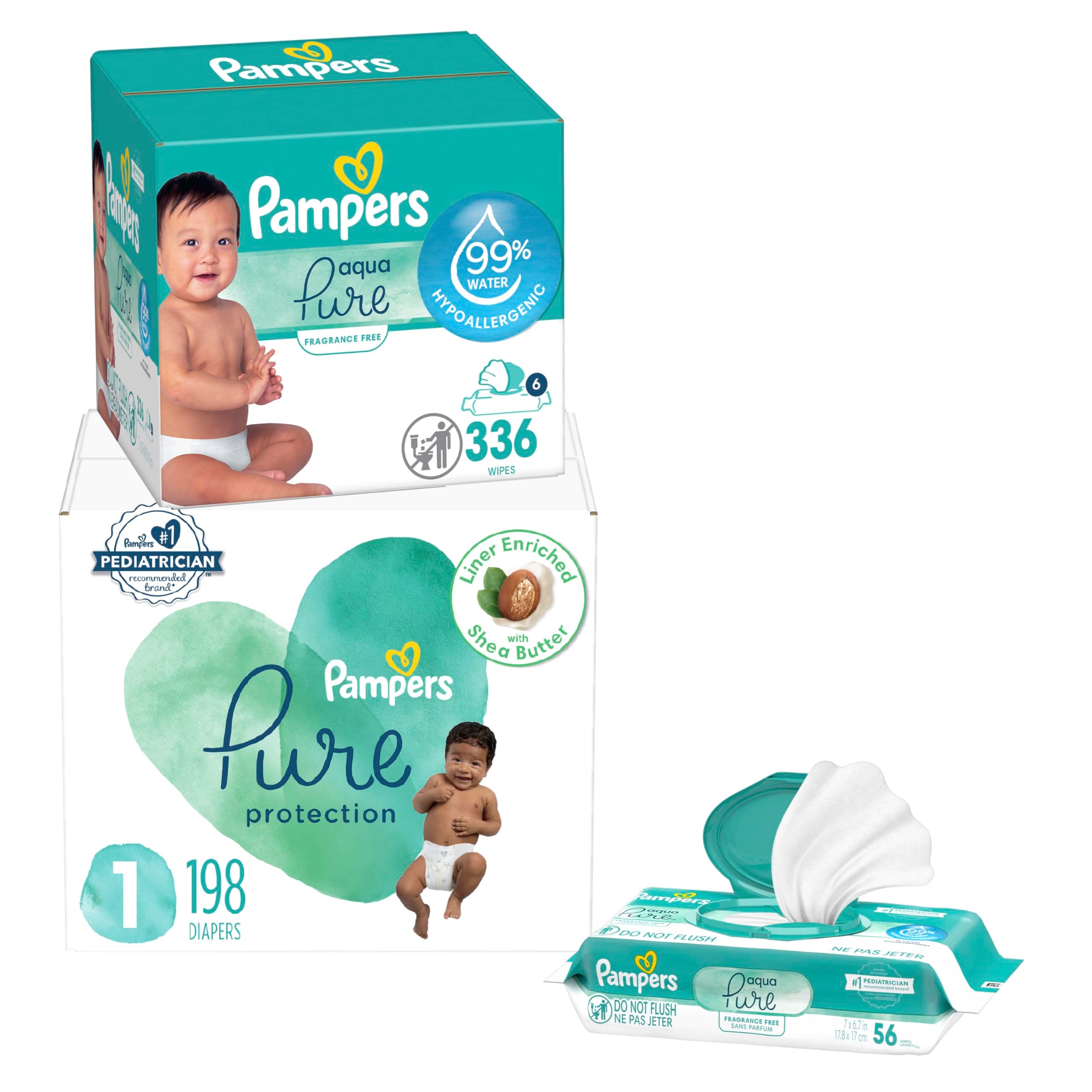 Pure Protection Disposable Baby Diapers Size 1, One Month Supply (198 Count) with Aqua Pure Baby Wipes, 6X Pop-Top Packs (336 Count)