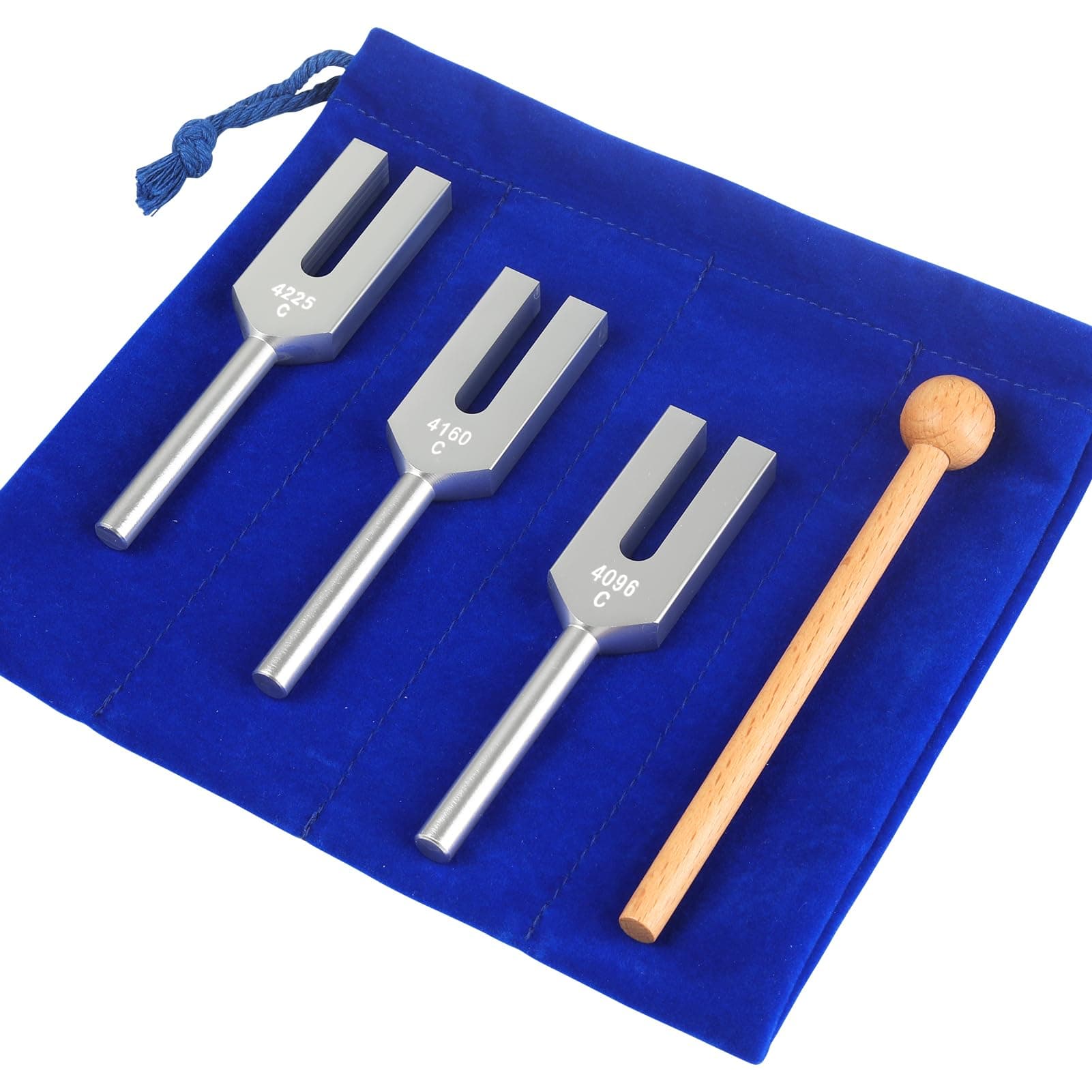 Angel Tuning Forks Set - 4096 Hz, 4160 Hz, 4225 Hz with Wooden Hammer and Velvet Bag - Sound Therapy, Healing, Meditation Musical Instrument