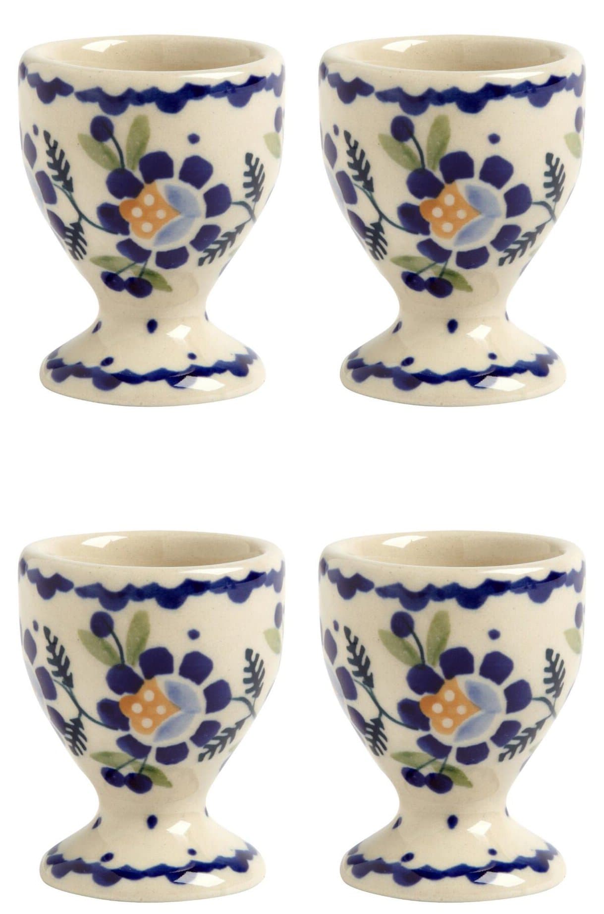 Polish Pottery Orange Blossoms Handmade Ceramic Egg Cups, Set of 4