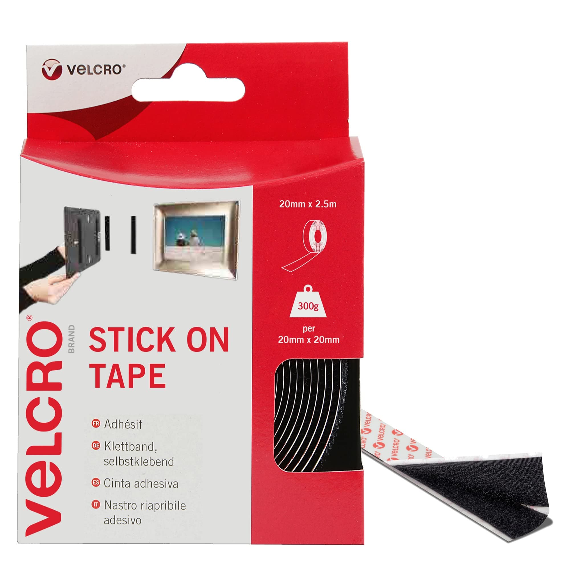 VELCRO Brand Stick On Black, Hook and Loop Tape Self Roll 20mm x 2.5m. Cut-to-Length Strong and Secure Adhesive Strips. Perfect Home, Office and Garage Fasteners Solution