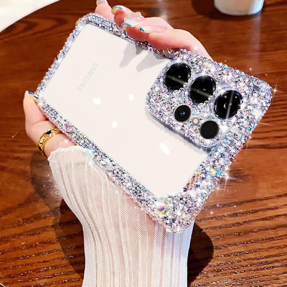 Cavdycidy Compatible with Samsung Galaxy S24 Ultra Bling Clear Case for Women,Glitter Phone Case with Sparkle Rhinestone Diamond Camera Protection,Airbag Anti-Fall Crystal Hard Cover for Girl