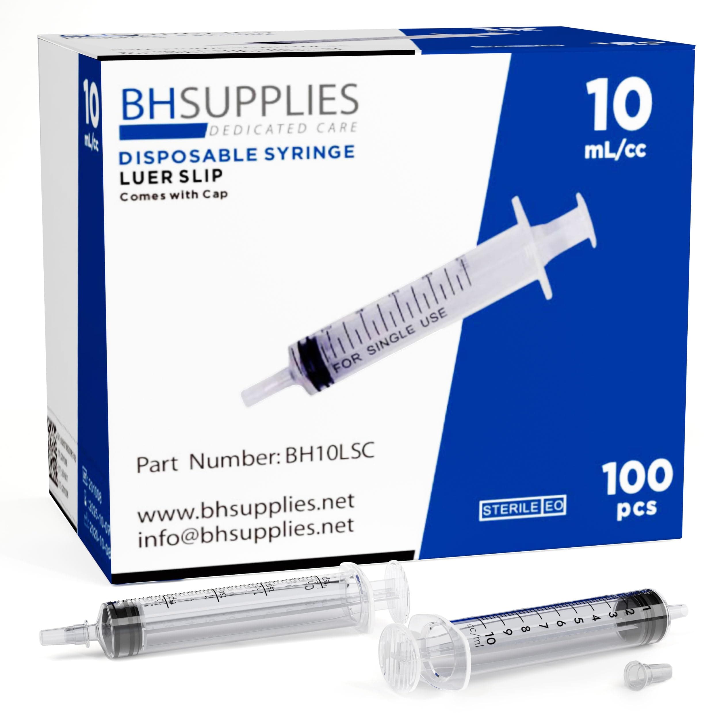 10ml Luer Slip Tip Syringe - with Caps (No Needle) - Sterile, Individually Wrapped - 100 Syringes