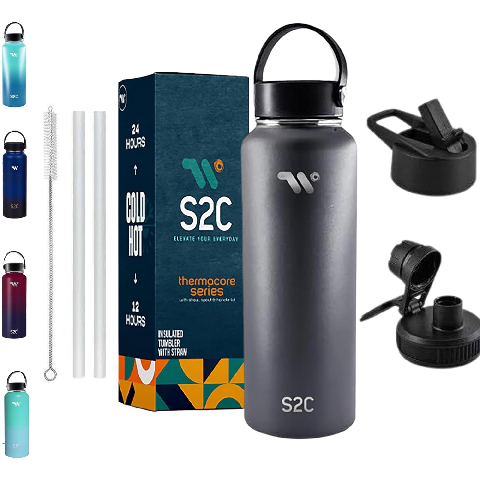S2C 1200ml Stainless Steel Insulated Water Bottle - Keeps Drinks Cold 24H & Hot 12H, Leakproof, 3 Lids for Camping & Outdoor Adventures (GREY)