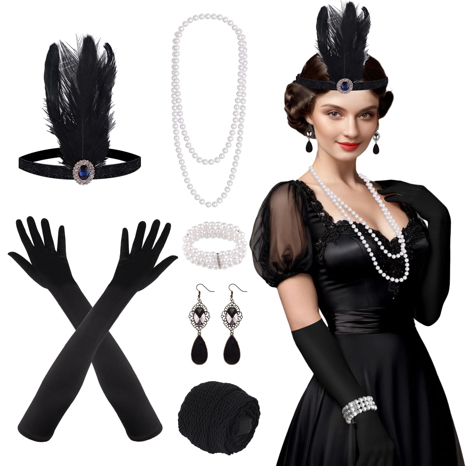 1920s Accessories Set for Women Flapper Headpiece Headband