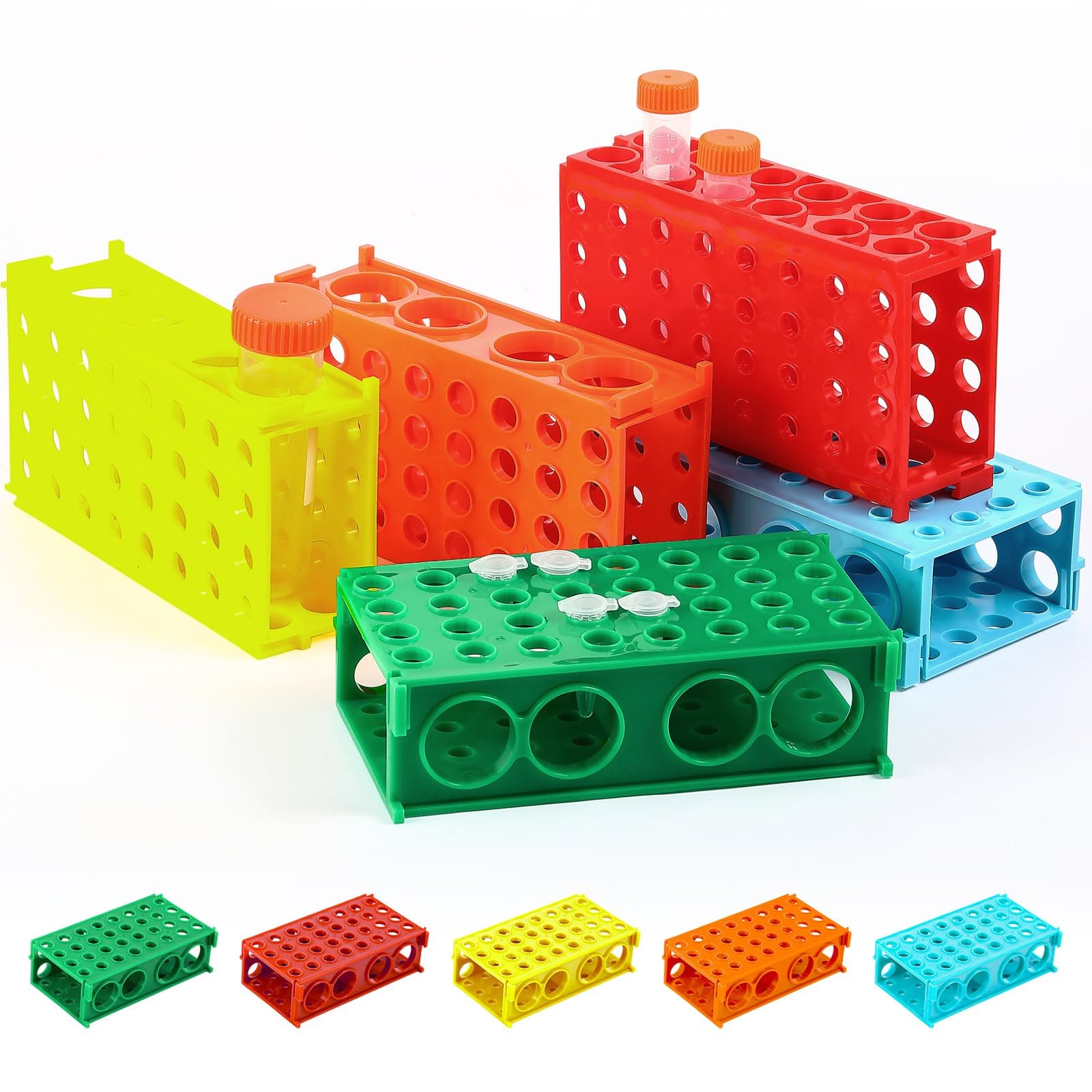 Tioncy 5 Pcs 4 Way Test Tube Rack Holder Plastic Lab Racks Assorted Colors for 0.5ml/ 1.5ml/ 10ml/ 15ml/ 50ml Interlocking Multi Stand for Lab Scientific Experiments Supplies