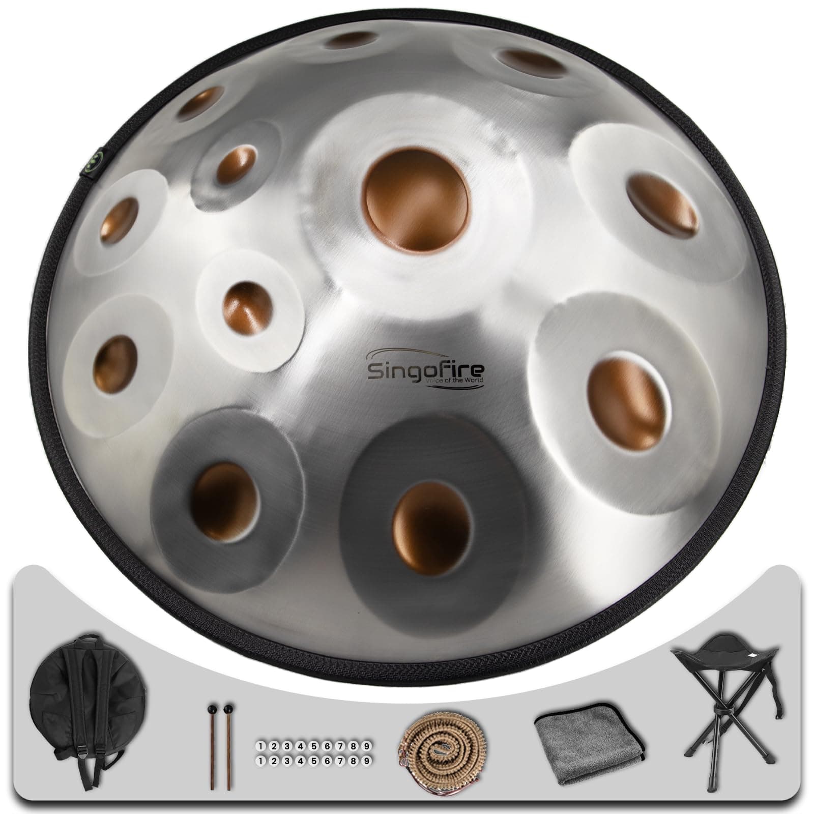 "SINGOFIRE" Handpan Drum, Handpan Drums for Adults, 22-Inch 12-Notes 440Hz D Minor Kurd Handpan, HandPan Instrument with Soft Handpan Bag, 2 Handpan Mallets, Handpan Stand and Dust-Free Cloth(GoldEye)