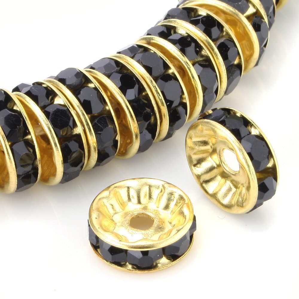 RUBYCA 100pcs Round Rondelle Spacer Bead Gold Tone 8mm Jet Black Czech Crystal