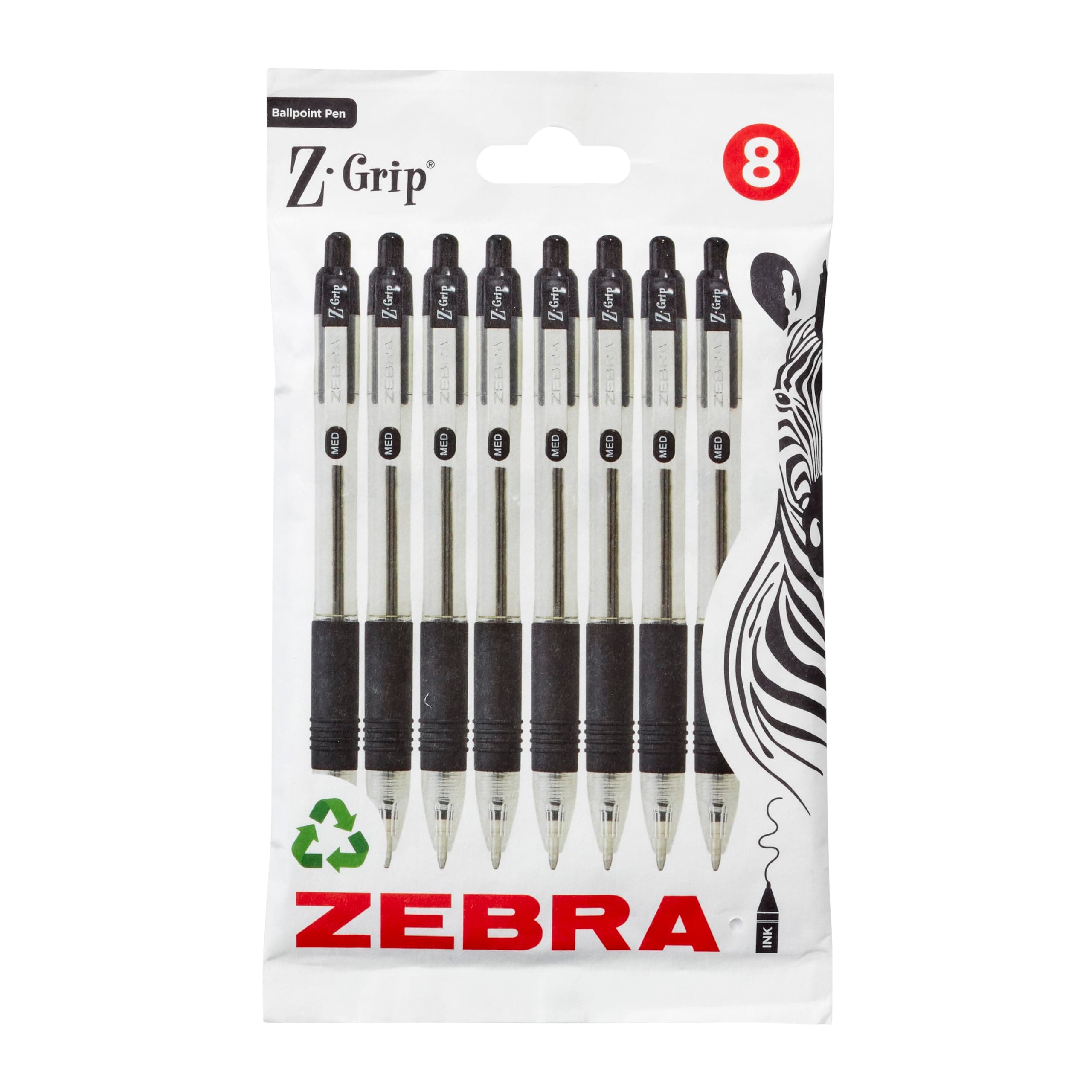 Zebra Pen Z Grip Black Ballpoint Pens with Pocket Clip, Retractable Black Ink Ballpoint Pens, Reliable Black Biro Pens Multipack for Everyday Use - Zebra Design, 8pk