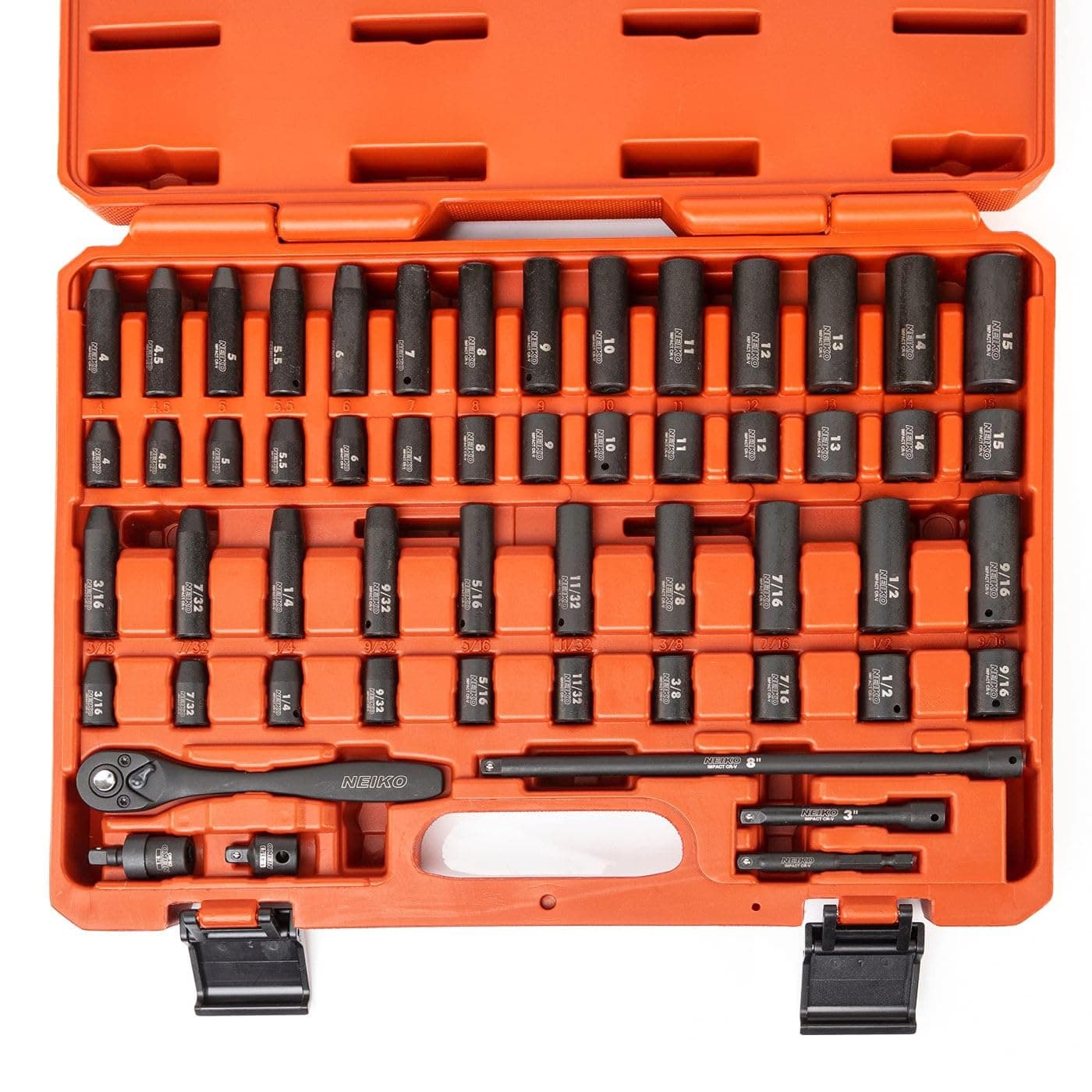 02437A 1/4 Drive Impact Socket Set 54 Piece Metric & Standard, Deep & Shallow Chrome Vanadium Steel 3/8” to 1/4” Reducer Hex Shank Adapter, Metric and Standard, Deep Socket Set